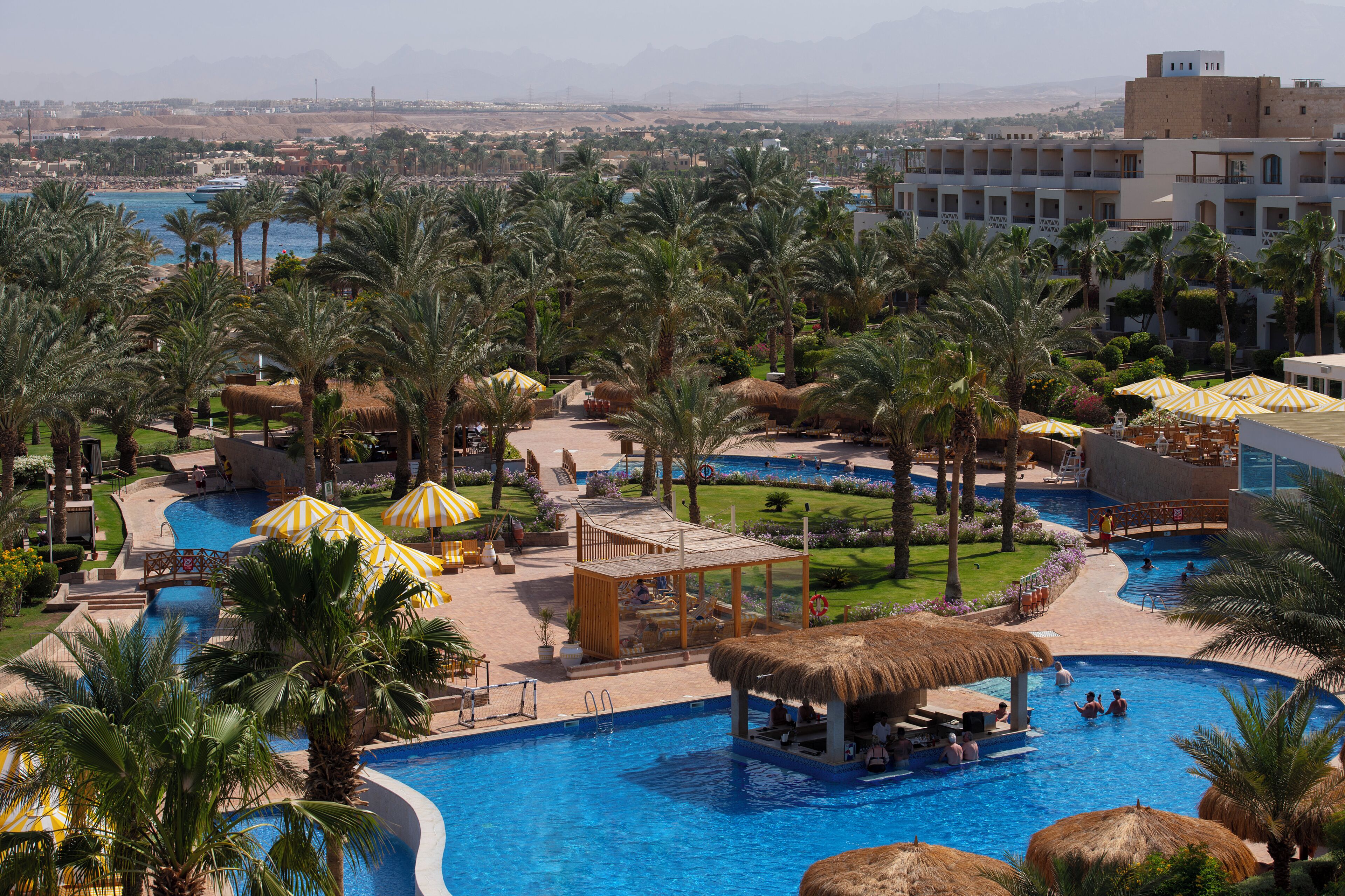 A resort with a large swimming pool surrounded by palm trees and sun loungers.