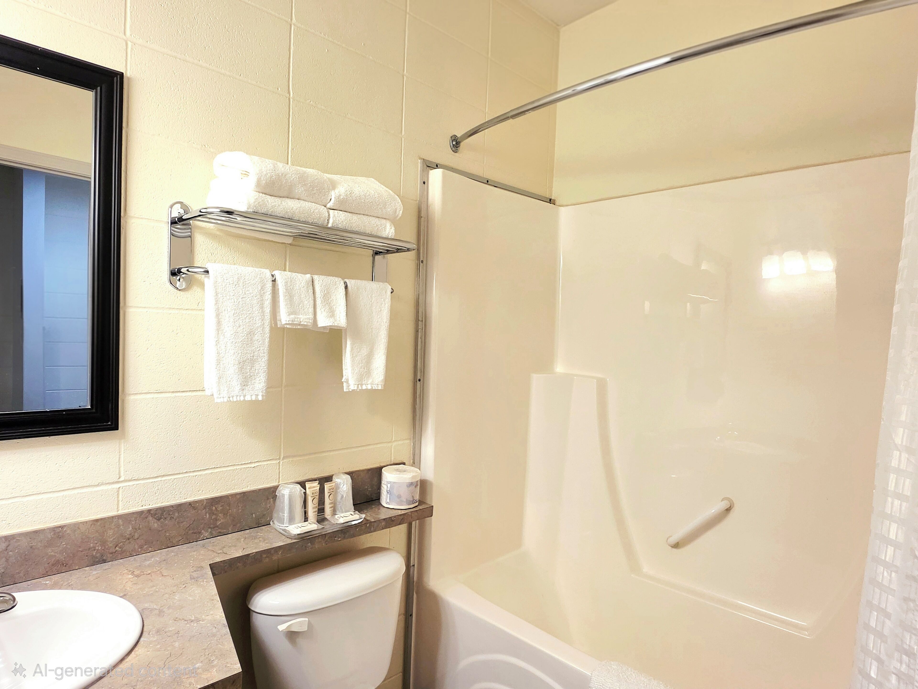 Habitación doble, 2 camas Queen size, cocineta | Baño | Tina con regadera y toallas 