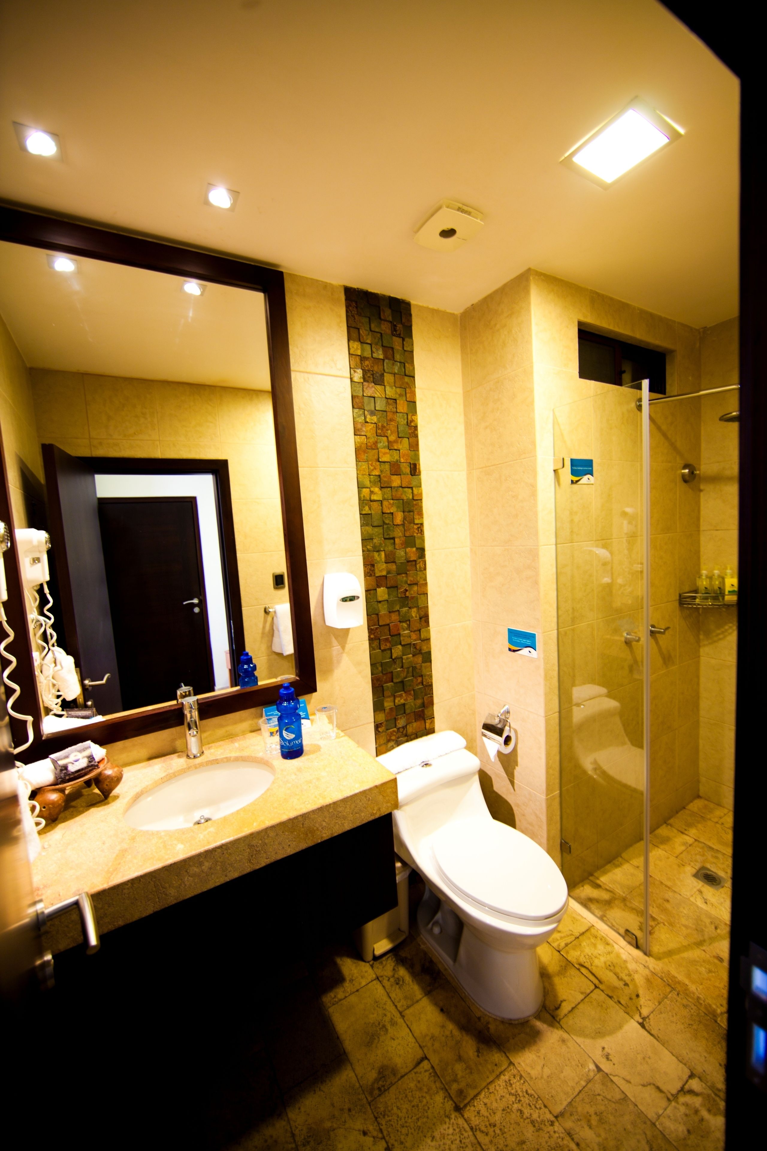 shower, rainfall showerhead, free toiletries, hair dryer