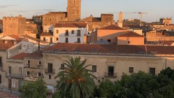 A historic town with a prominent tower, traditional buildings, and a palm tree.