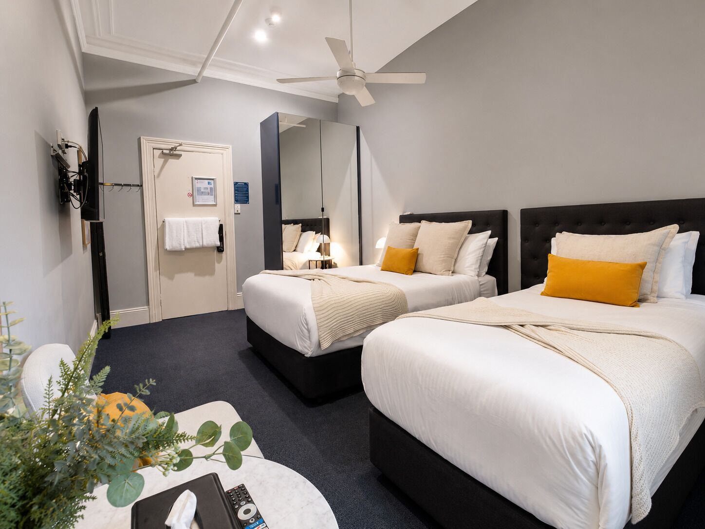 A hotel room with two beds, a ceiling fan, a mirror, a TV, and a small table with a plant.