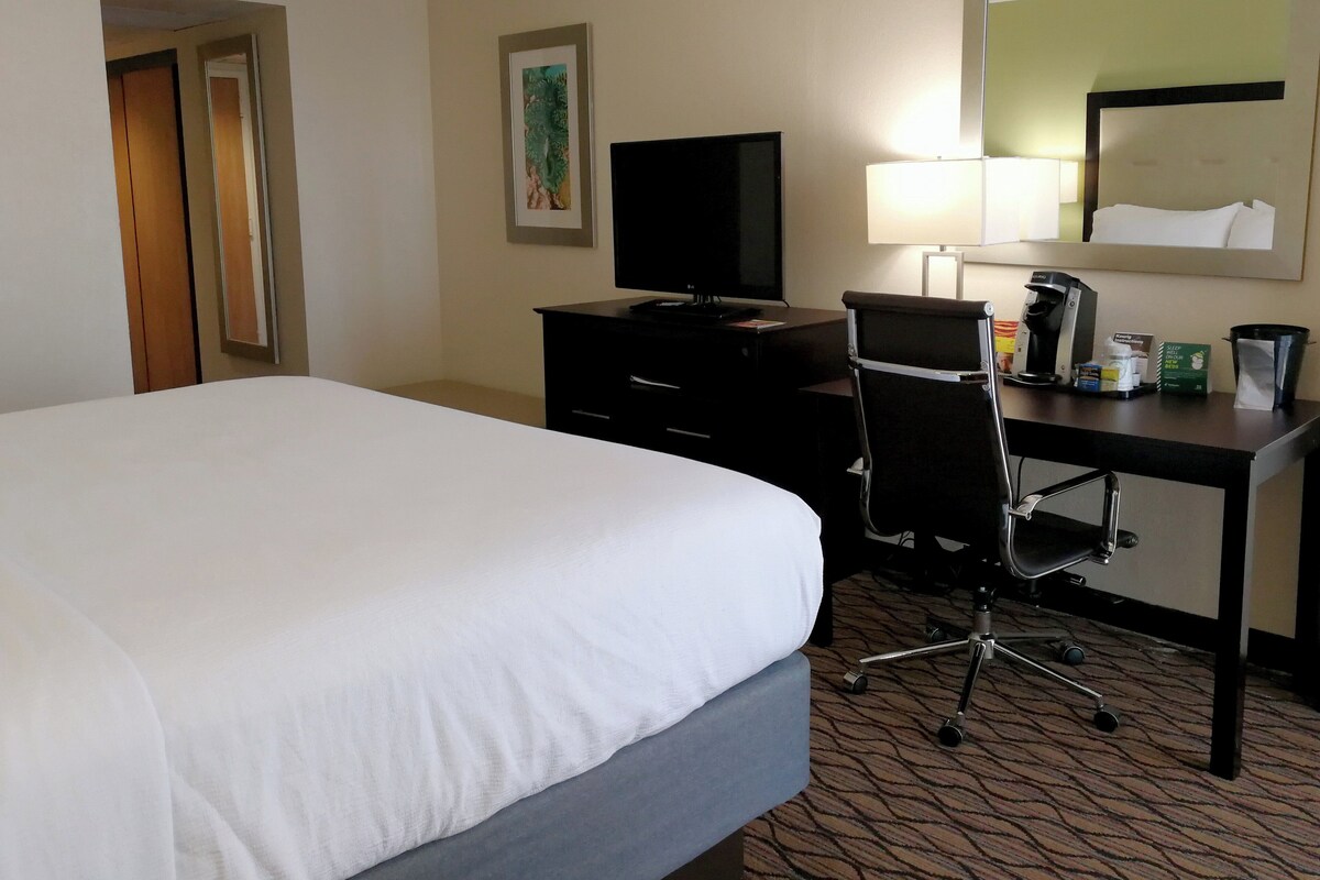 Ein Hotelzimmer mit einem Bett, einem Schreibtisch mit Stuhl, einem Fernseher, einer Lampe und einer Kaffeemaschine.