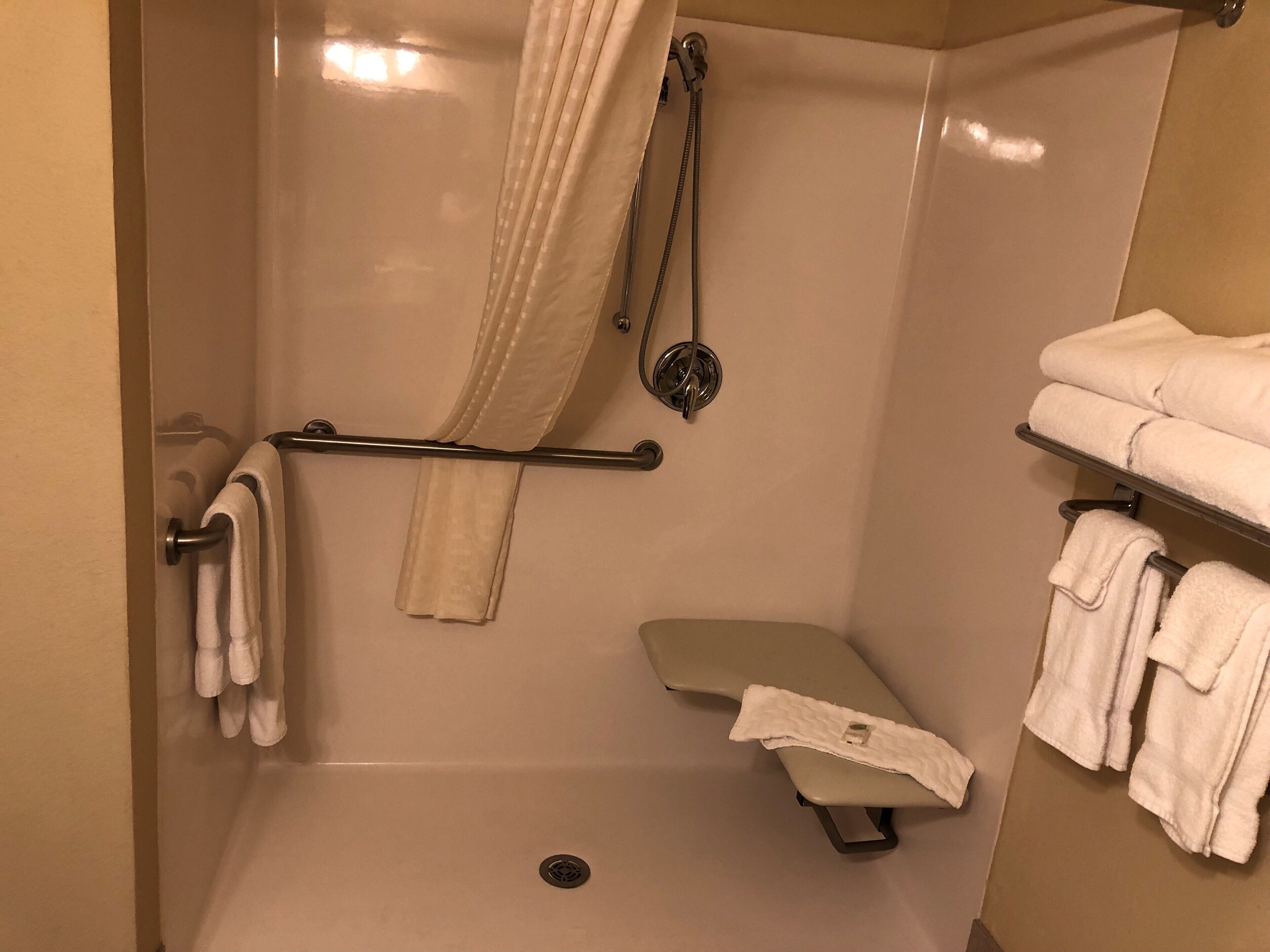 combined shower/bathtub, free toiletries, hair dryer, towels