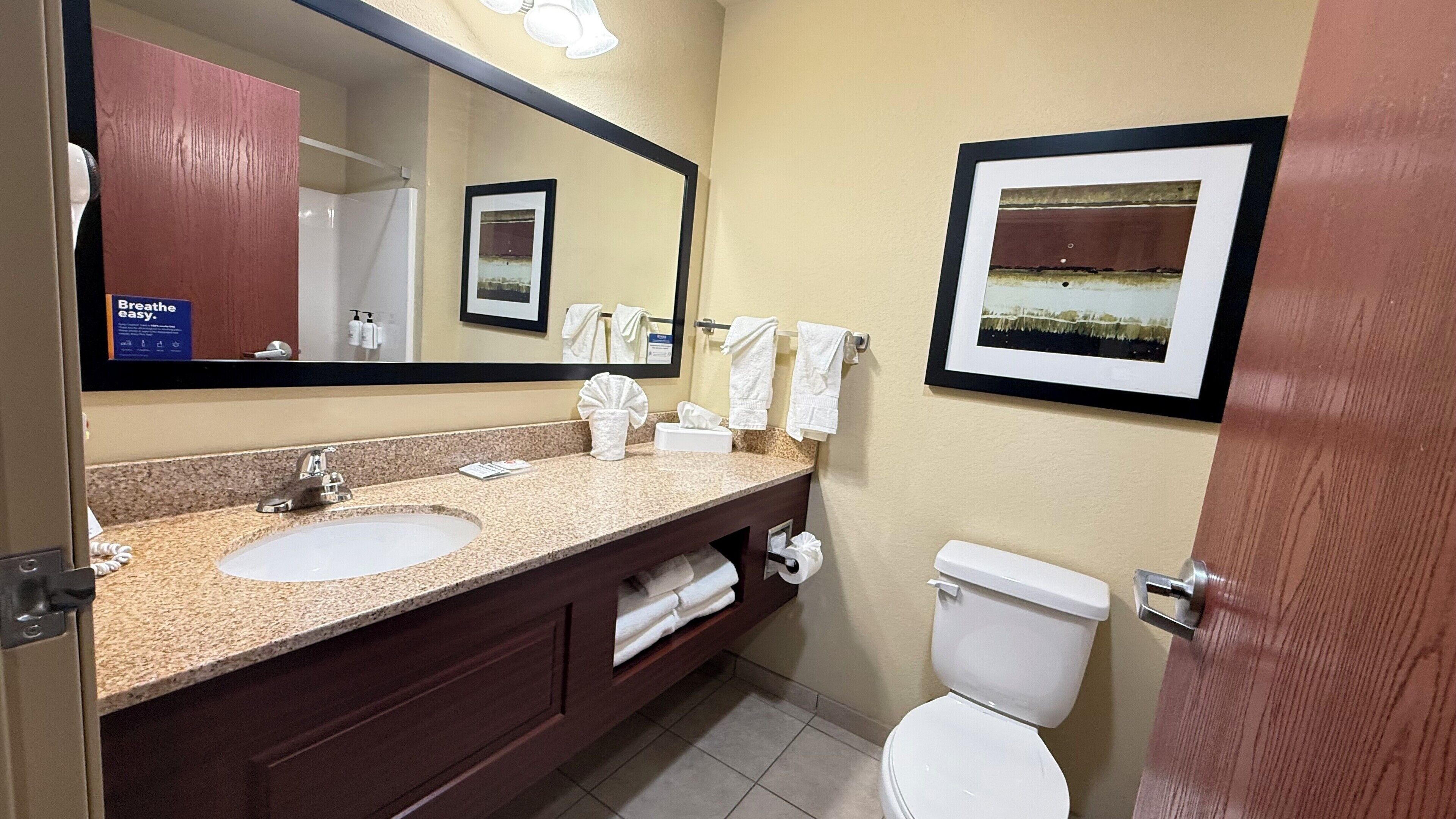 A bathroom with a sink, mirror, towel rack, toilet, and a framed picture on the wall.
