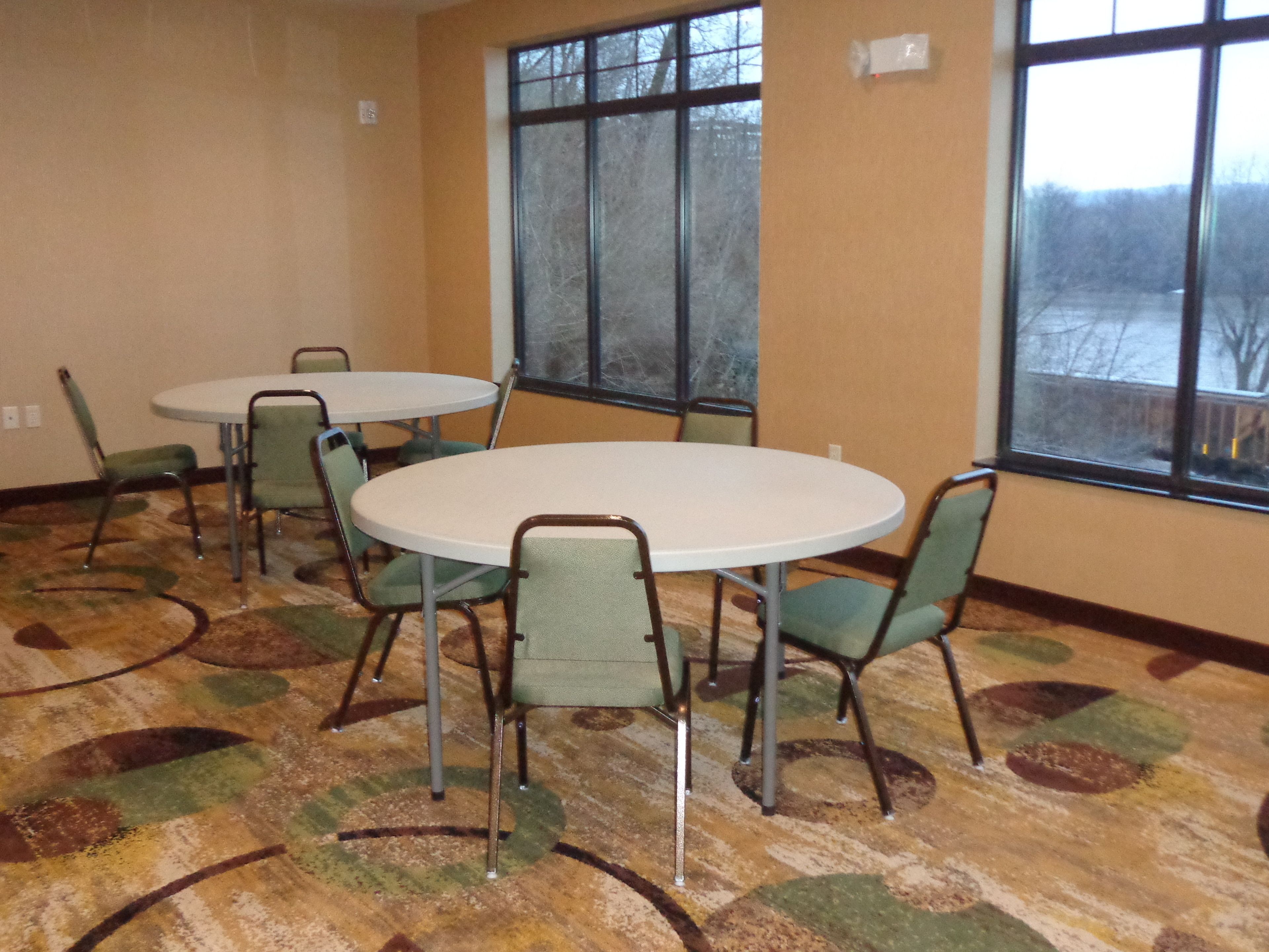 Un salón de conferencias con dos mesas redondas y cuatro sillas, ventanas amplias con vistas a árboles, y una alfombra estampada.