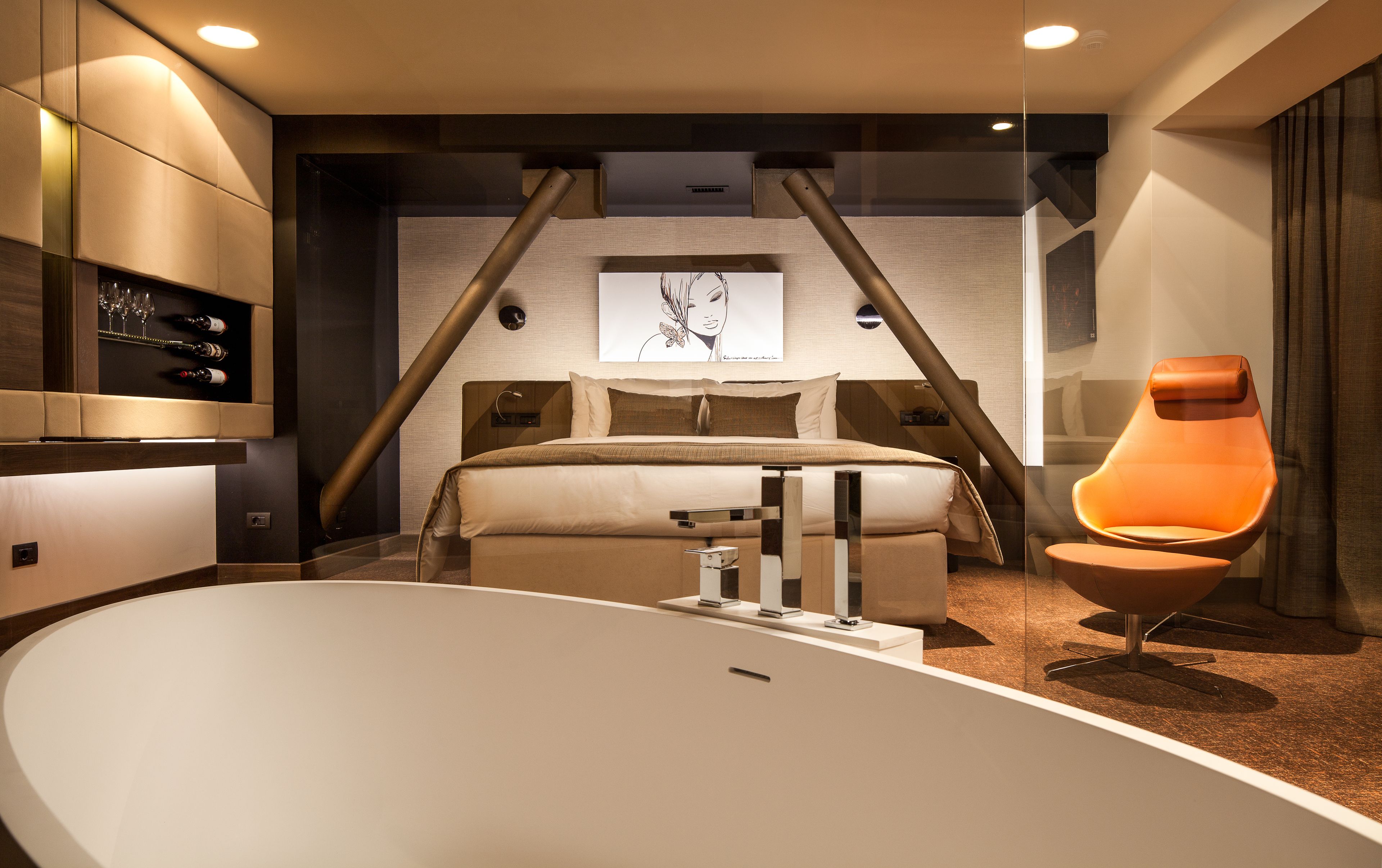 rainfall showerhead, designer toiletries, hair dryer, bathrobes