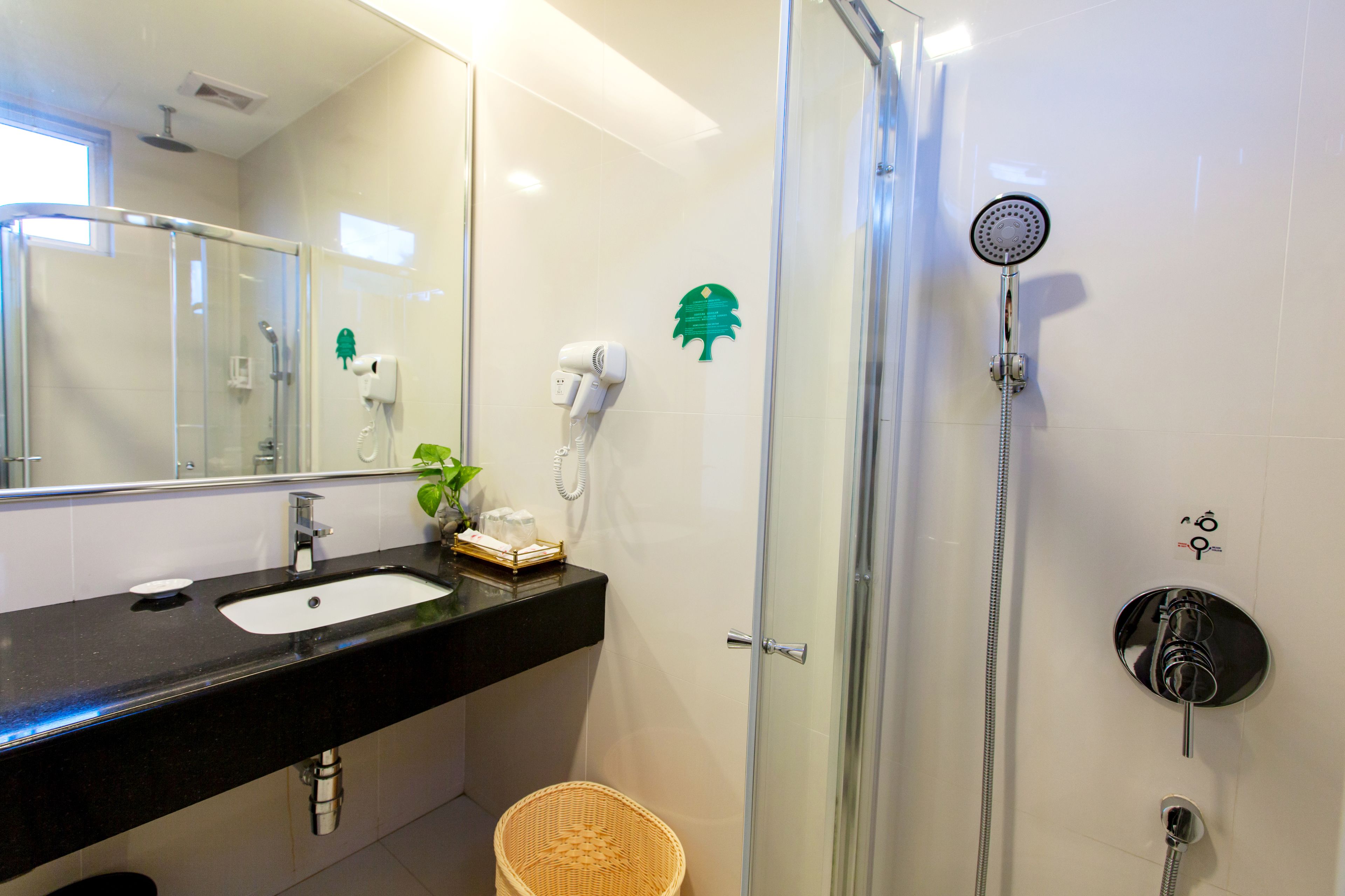 shower, rainfall showerhead, designer toiletries, hair dryer