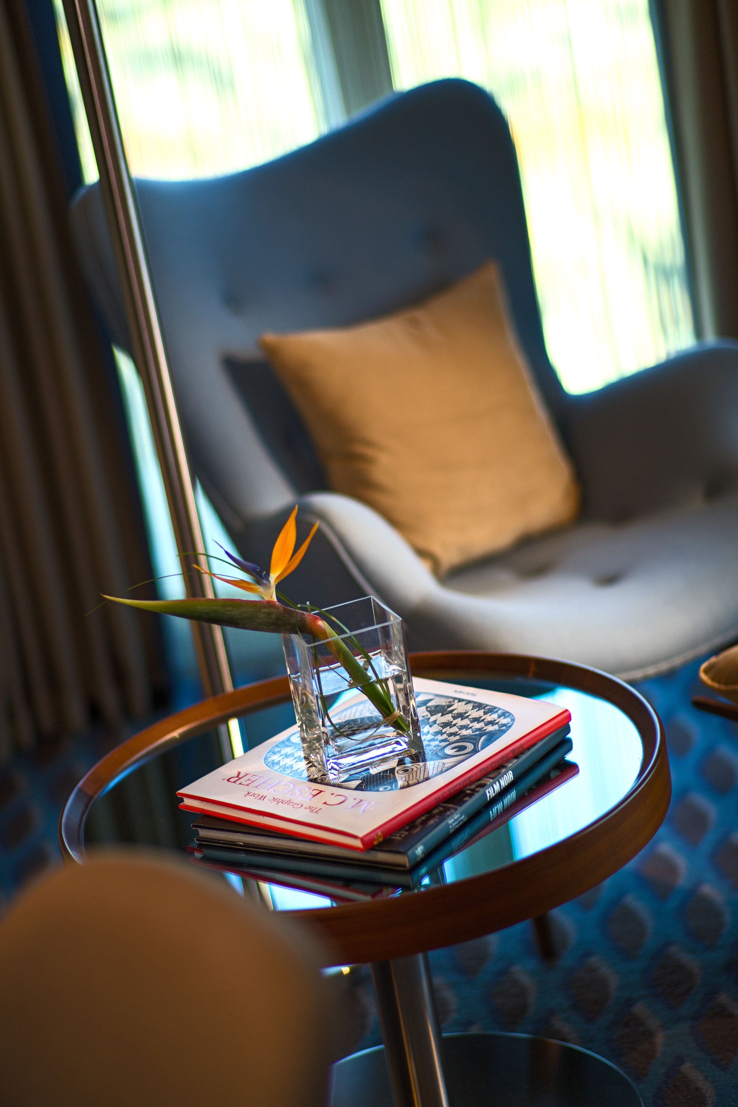 A room with a glass table holding books and a decorative plant. A sofa with a cushion is in the background.
