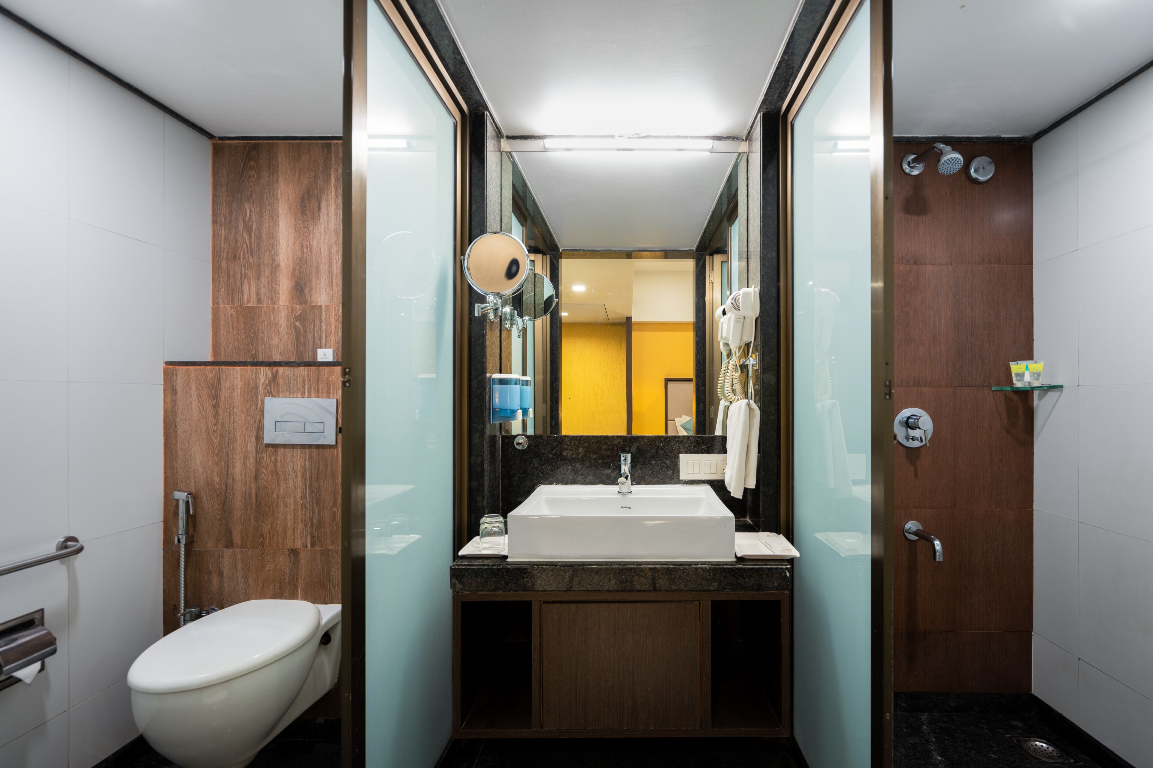 A modern bathroom with a white toilet, a sink with a mirror, and a shower area.