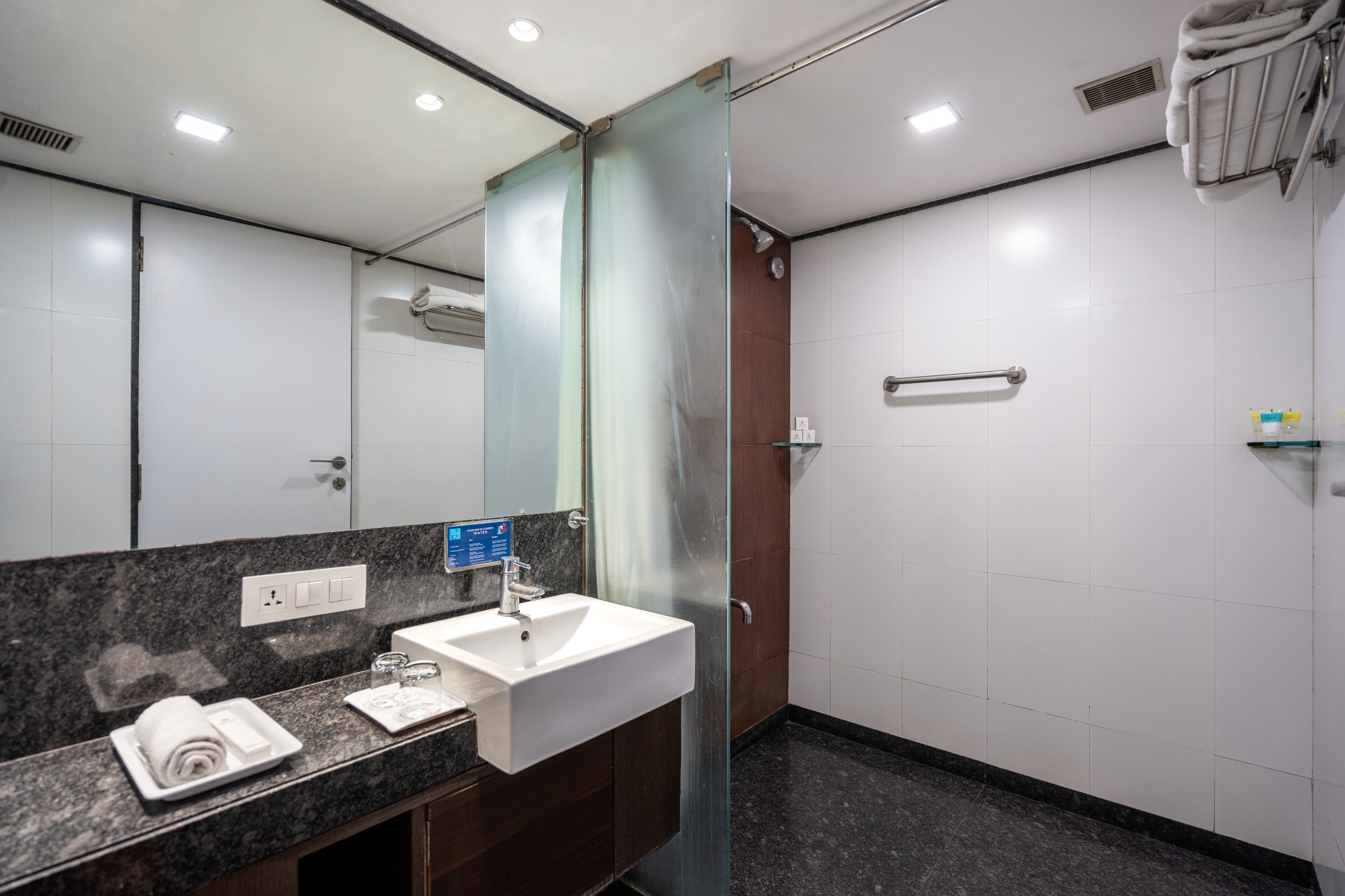 A modern bathroom with a granite countertop, a white sink, a glass shower enclosure, and a towel rack.