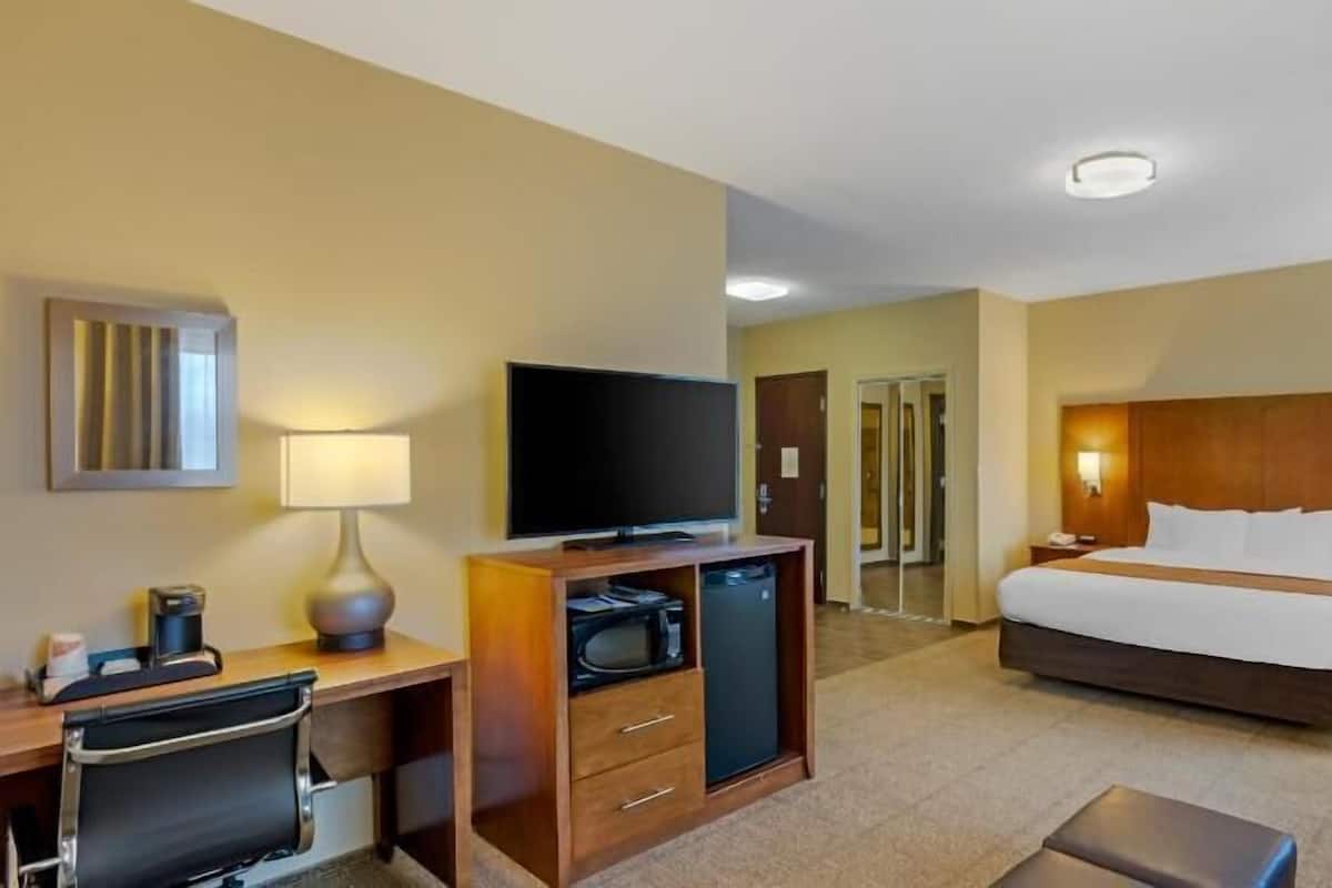 A hotel room with a bed, desk, television, and a minibar.