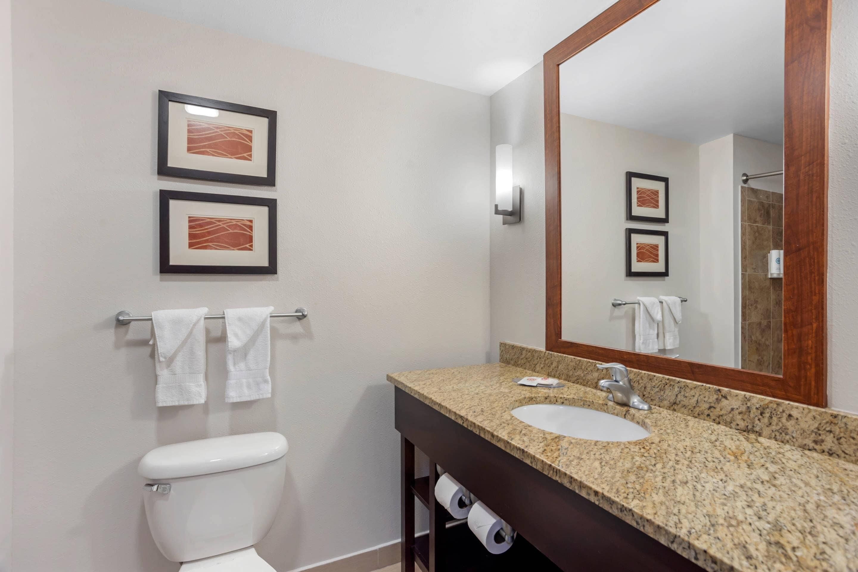 A bathroom with a toilet, sink, and two framed pictures on the wall.