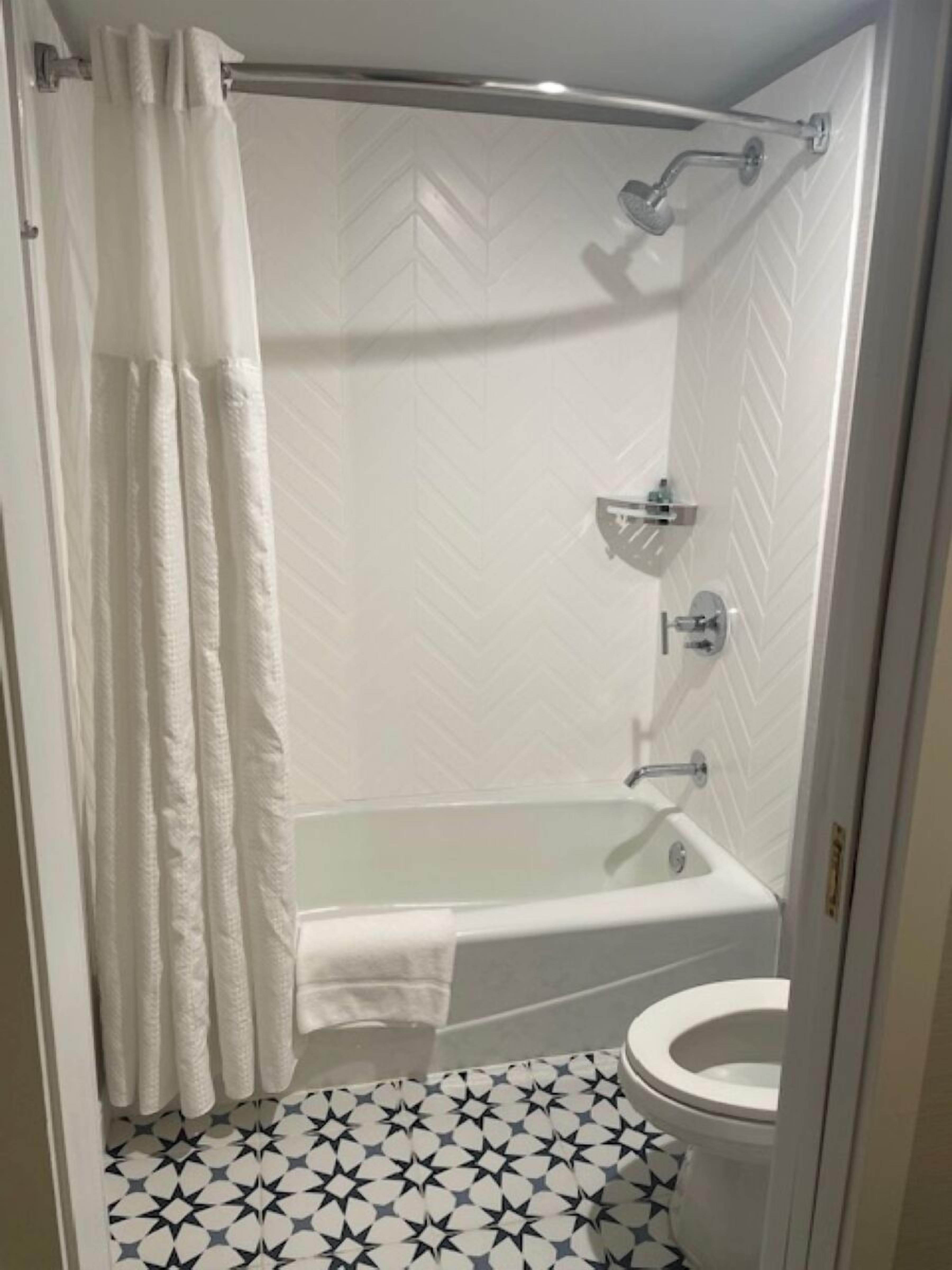 A bathroom with a shower, toilet, and bathtub.