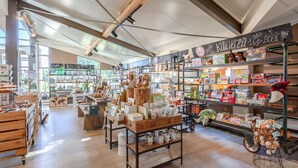 Un grand magasin spacieux, doté de planchers en bois et de hauts plafonds, où l’on trouve des étagères remplies de jouets, de livres et d’articles pour la maison.