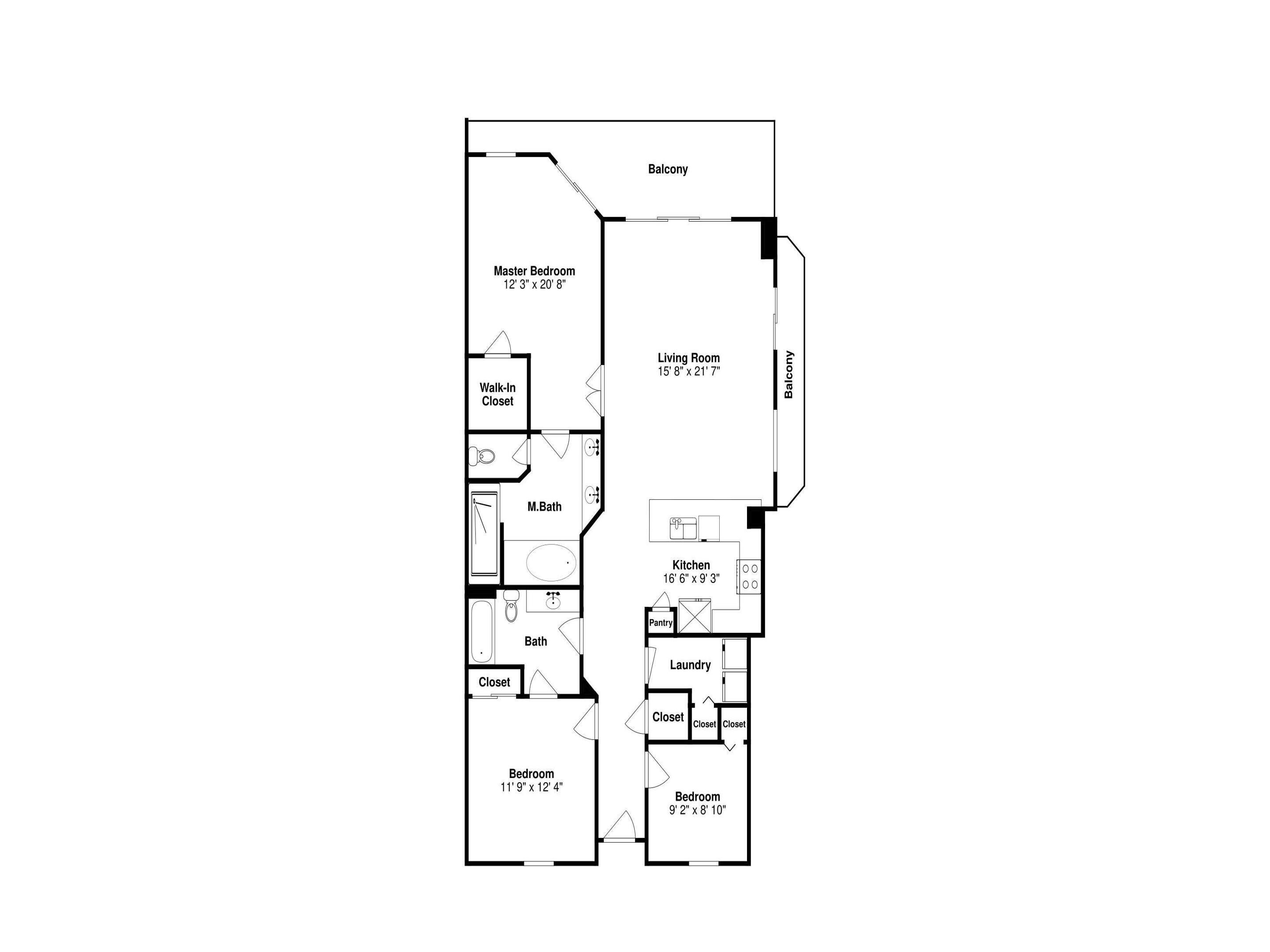 A floor plan of a house with a master bedroom, walk-in closet, master bathroom, two bedrooms, a kitchen, a living room, a balcony, and a pantry.