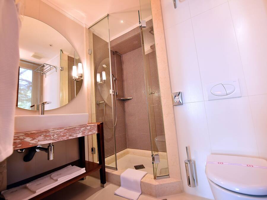 Un baño moderno con ducha envuelta en vidrio, inodoro blanco y tocador con espejo.