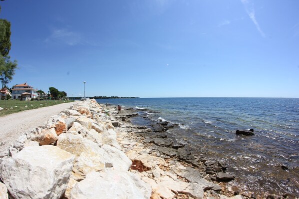 A rocky shoreline with a clear view of the sea, a paved path, and buildings in the background. - Villa Badi (Umag)