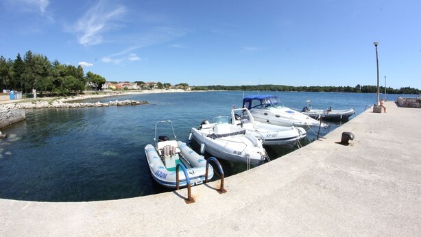 A marina with several boats docked, a clear sky, and a calm water body. - Villa Badi (Umag)