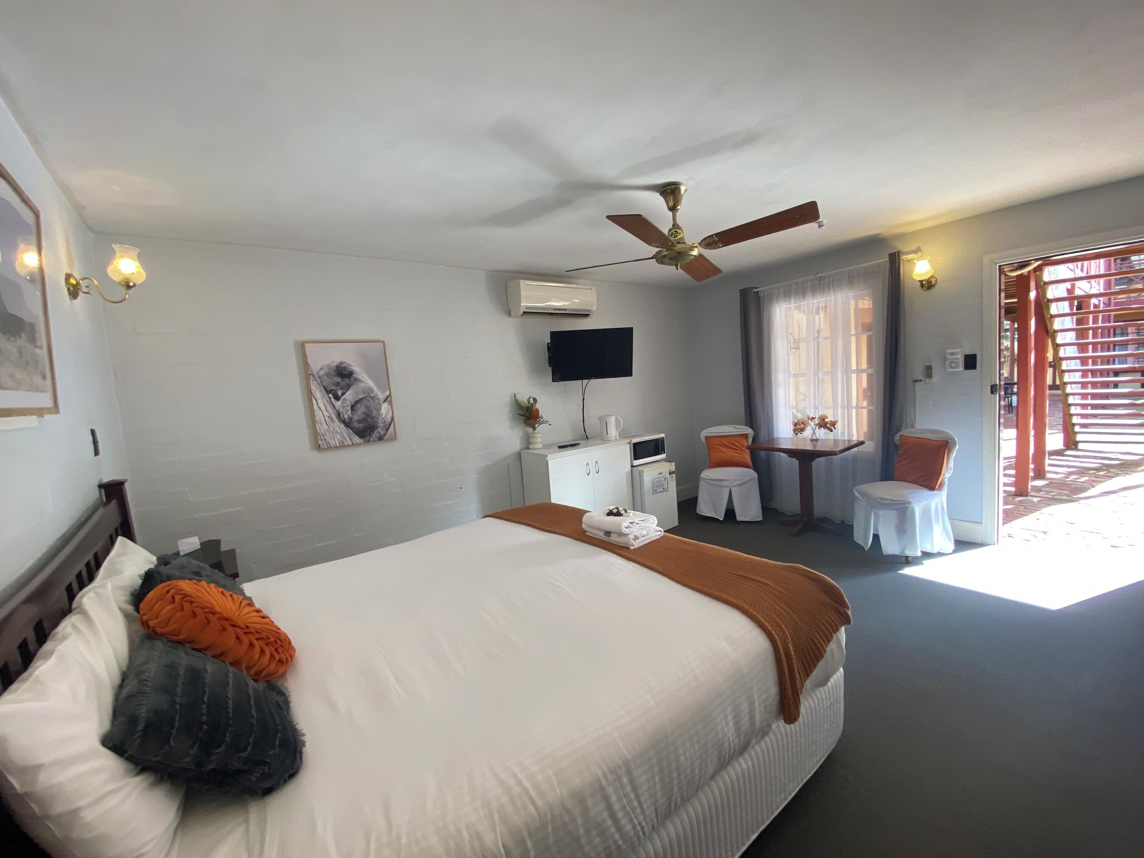 A hotel room with a bed, a desk, a chair, a television, and a ceiling fan.