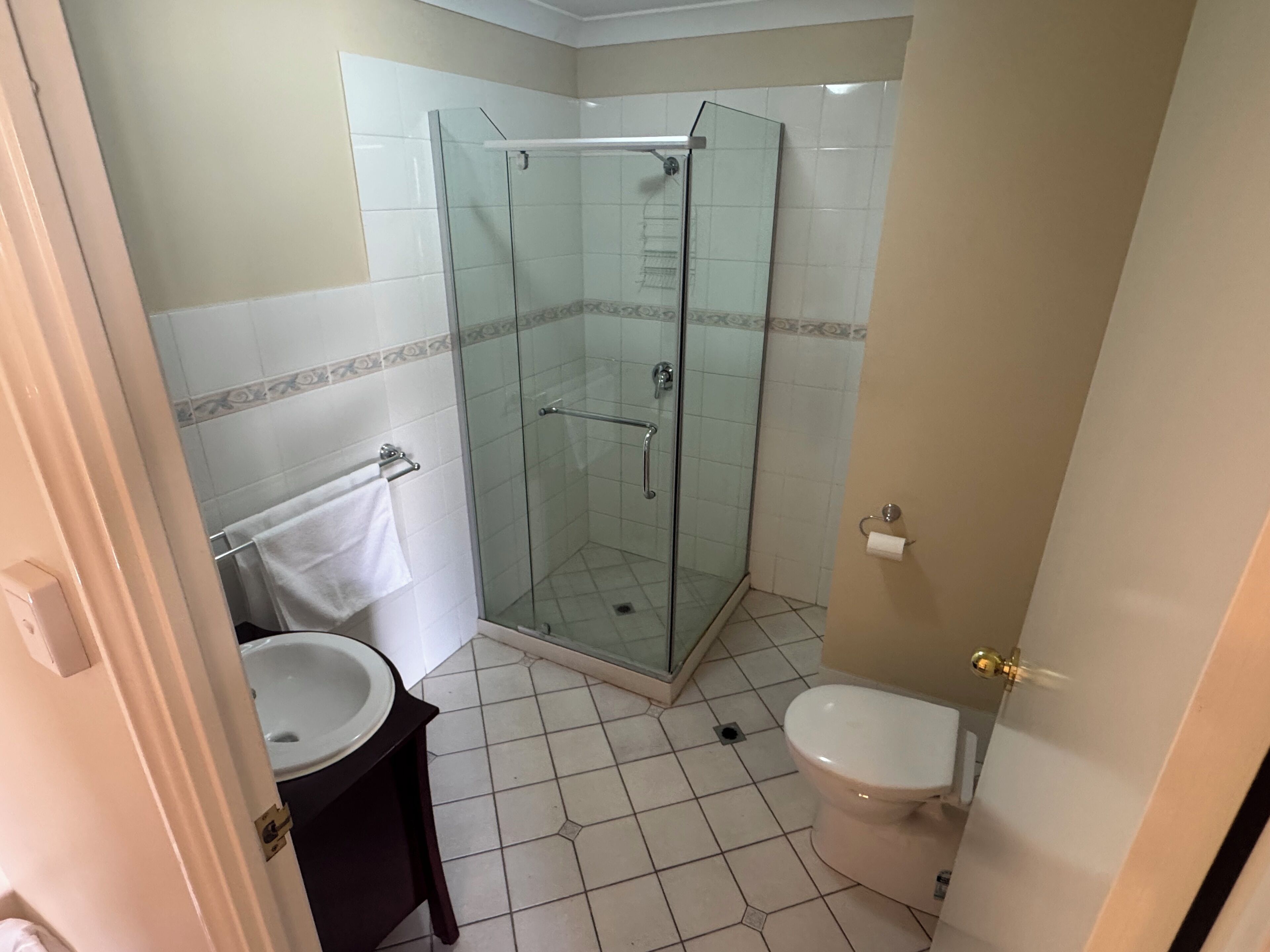 Un baño con ducha acristalada, inodoro y lavabo.