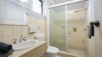 Une salle de bain équipée d’un lavabo, de toilettes et d’une douche à parois de verre.