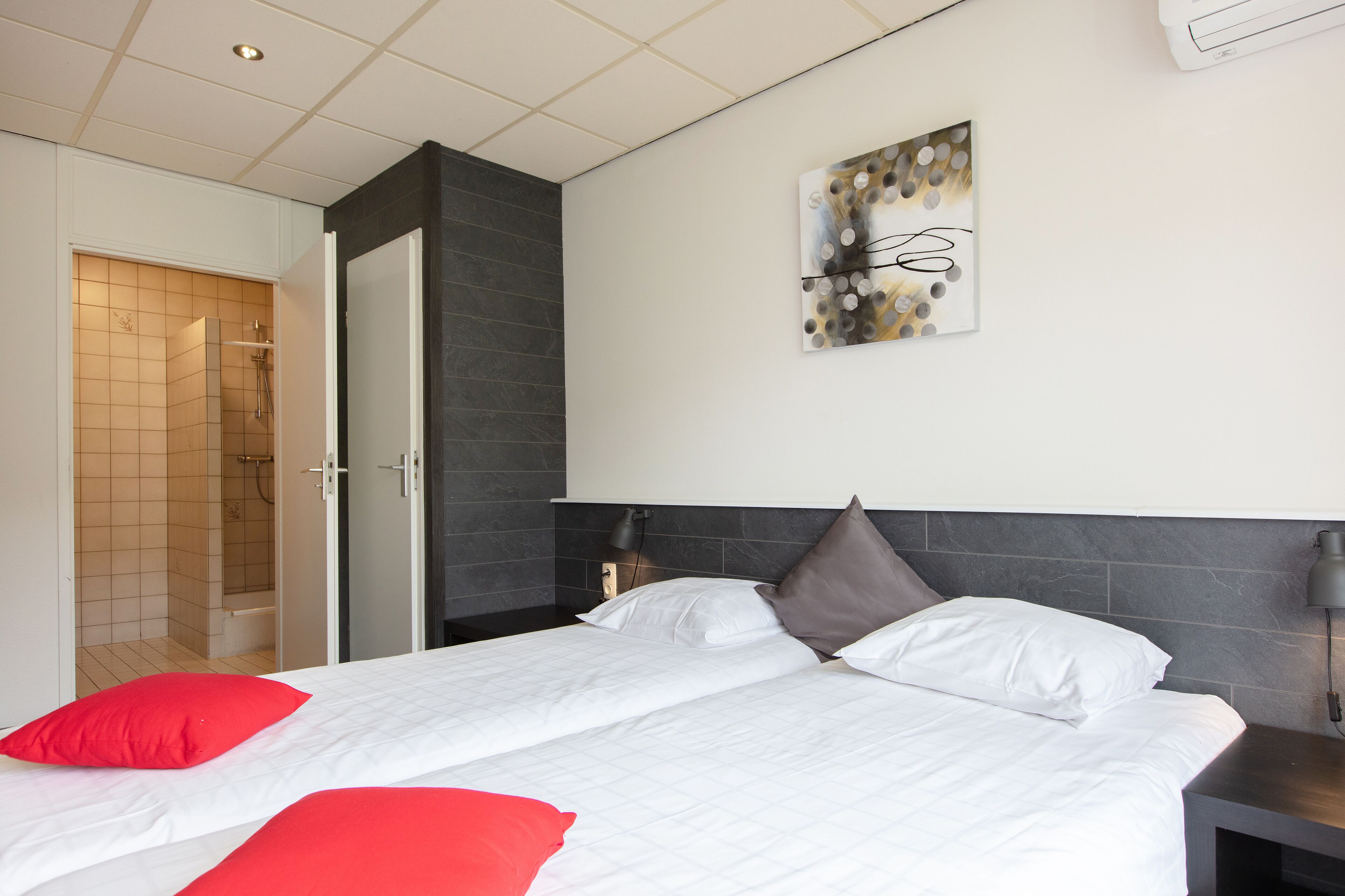 Une chambre d’hôtel moderne avec un grand lit, un espace douche et une œuvre d’art accrochée au mur.