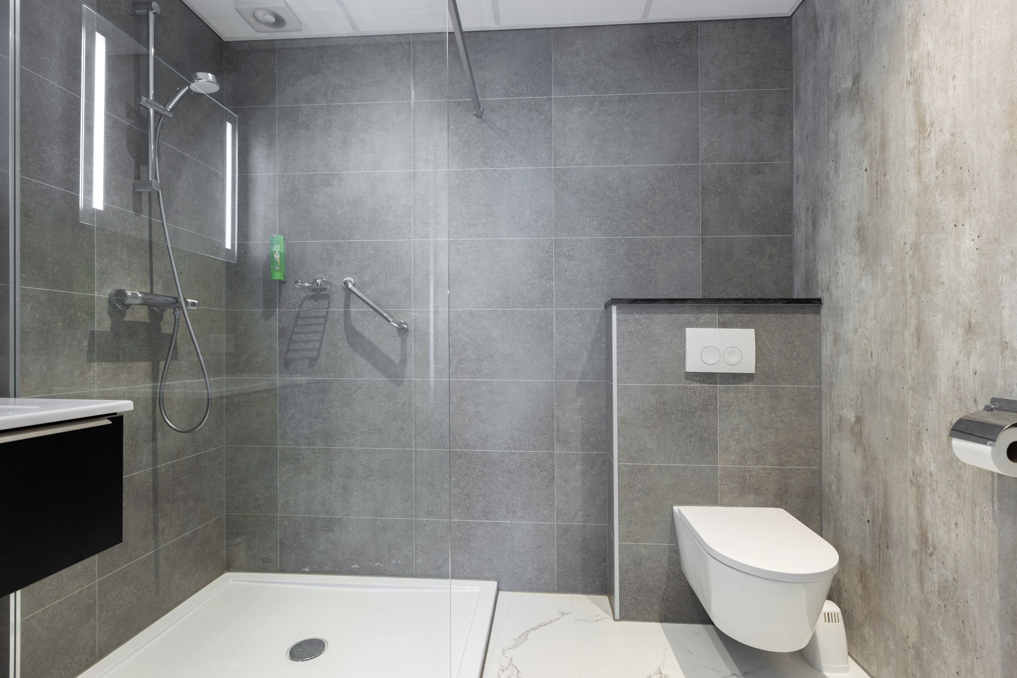 Un baño moderno con ducha, inodoro y zona de ducha a ras de suelo con mampara de vidrio.