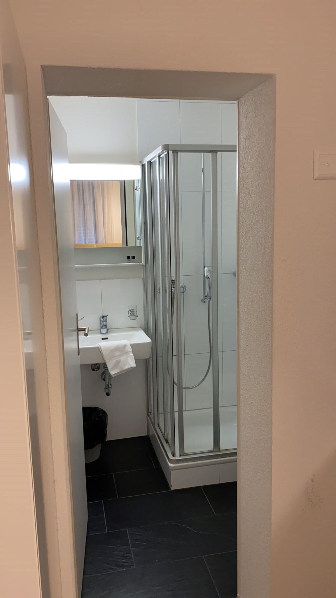 Un baño compacto con cabina de ducha de vidrio, lavabo blanco y espejo sobre el lavabo.