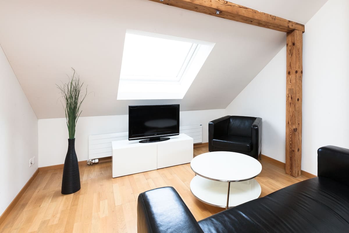A modern loft bedroom with a sloped ceiling, a skylight, a black leather sofa, a white round coffee table, and a black leather armchair.
