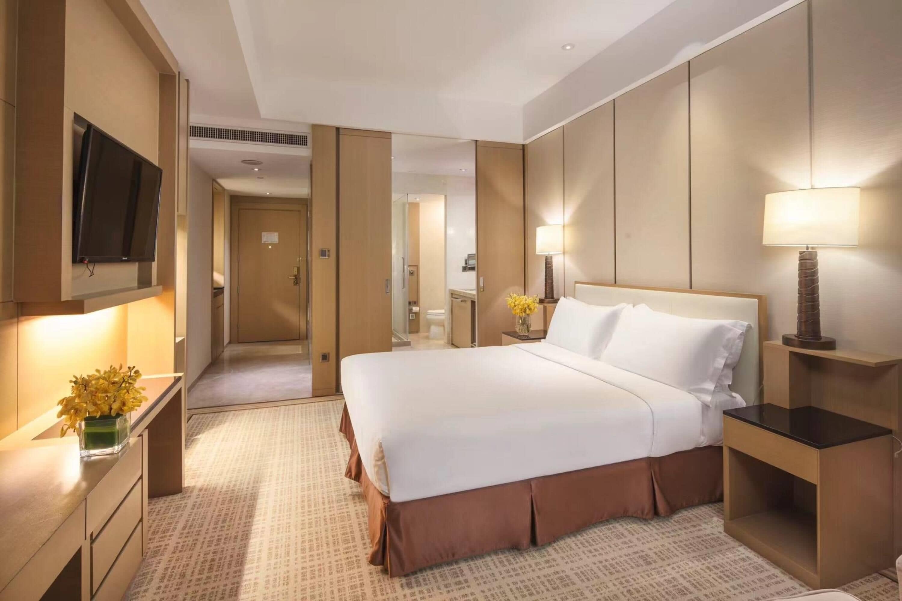 A hotel room with a large bed, bedside tables, a TV, and a mirror.