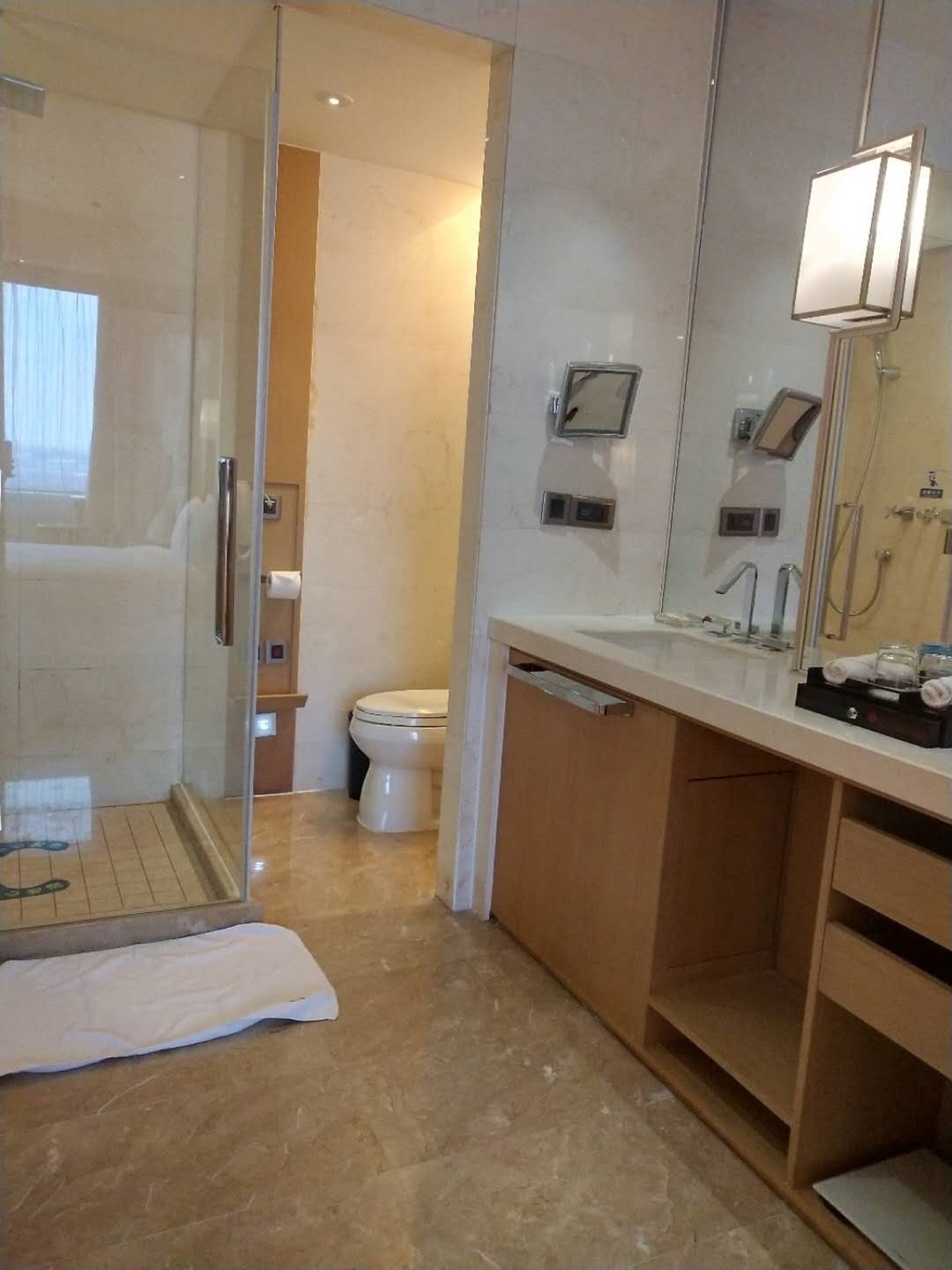 A modern bathroom with a glass shower enclosure, a toilet, and a vanity with a mirror and sink.