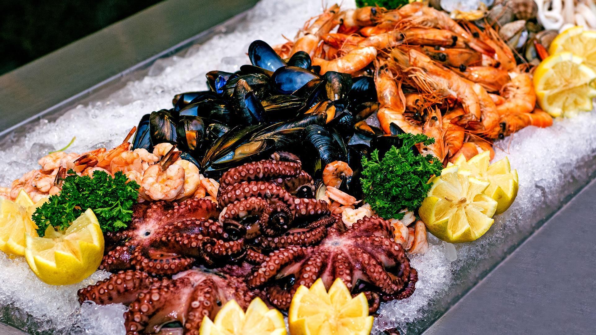 A seafood platter with mussels, shrimp, and octopus on ice.