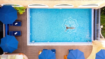 A swimming pool with a person swimming, surrounded by lounge chairs and umbrellas.