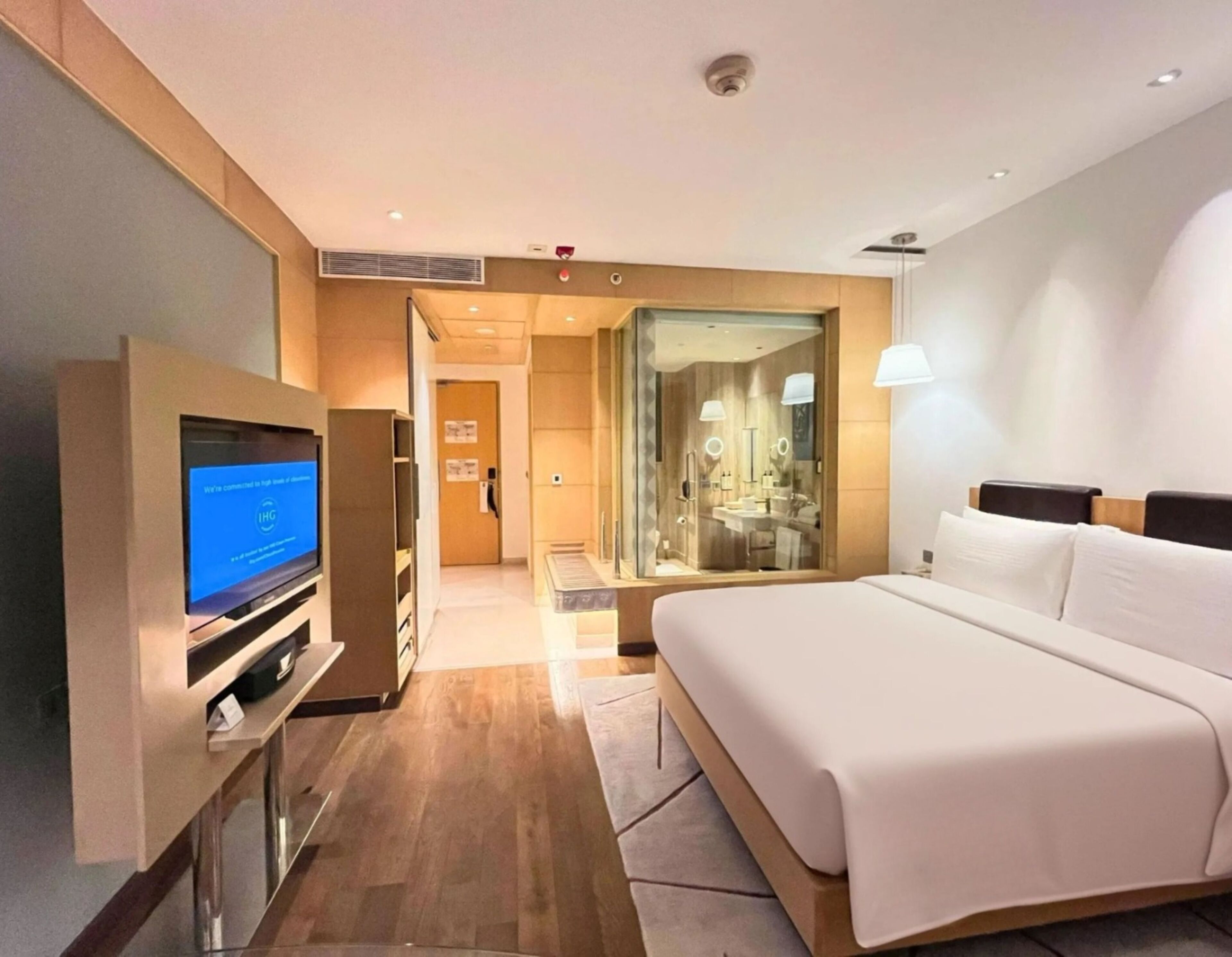 Una habitación de hotel moderna con una cama grande, un televisor sobre un soporte, un baño con paredes de vidrio y piso de madera.