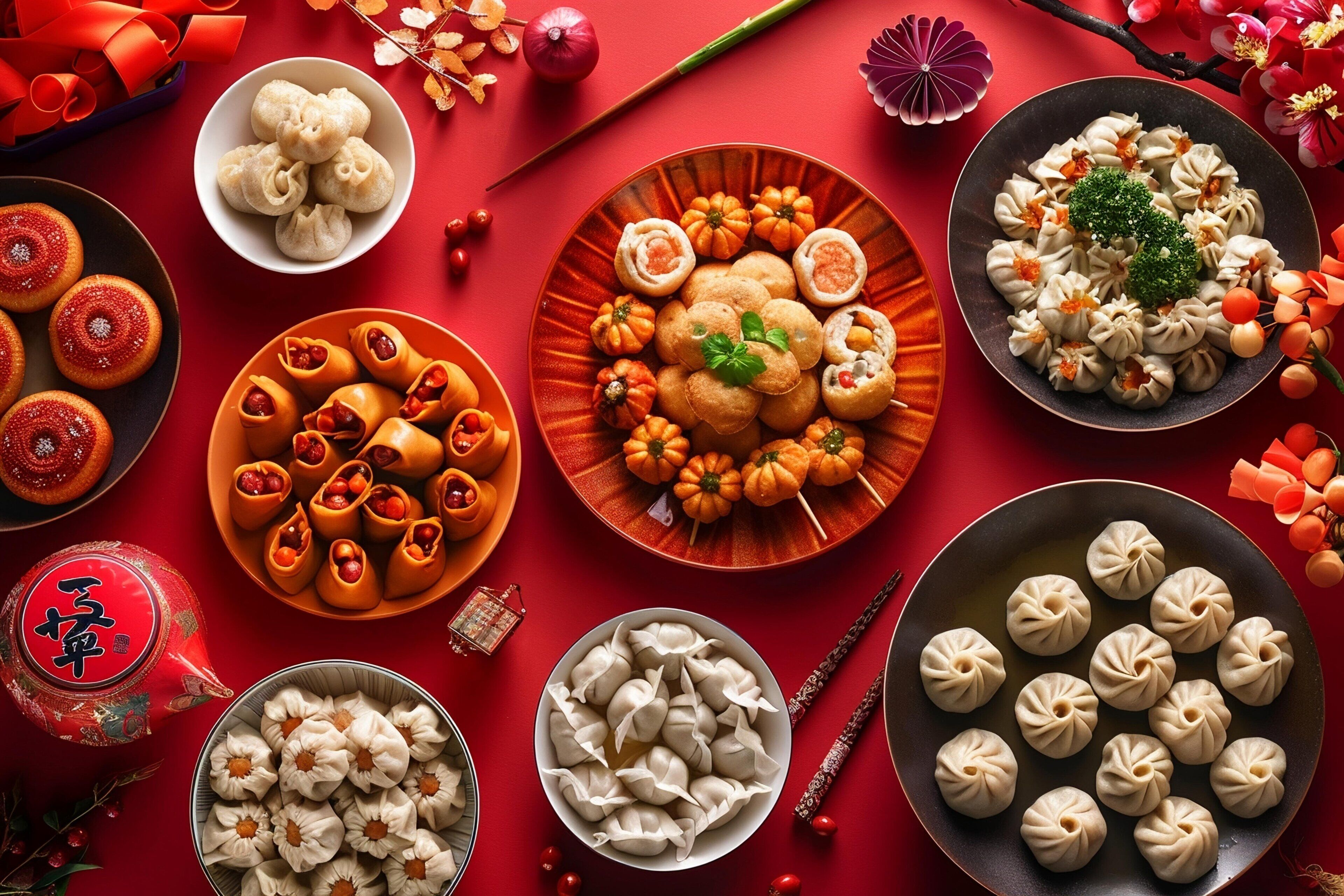 A variety of dumplings and pastries arranged on a red table with decorative elements.