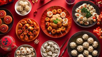 A variety of dumplings and pastries arranged on a red table with decorative elements.