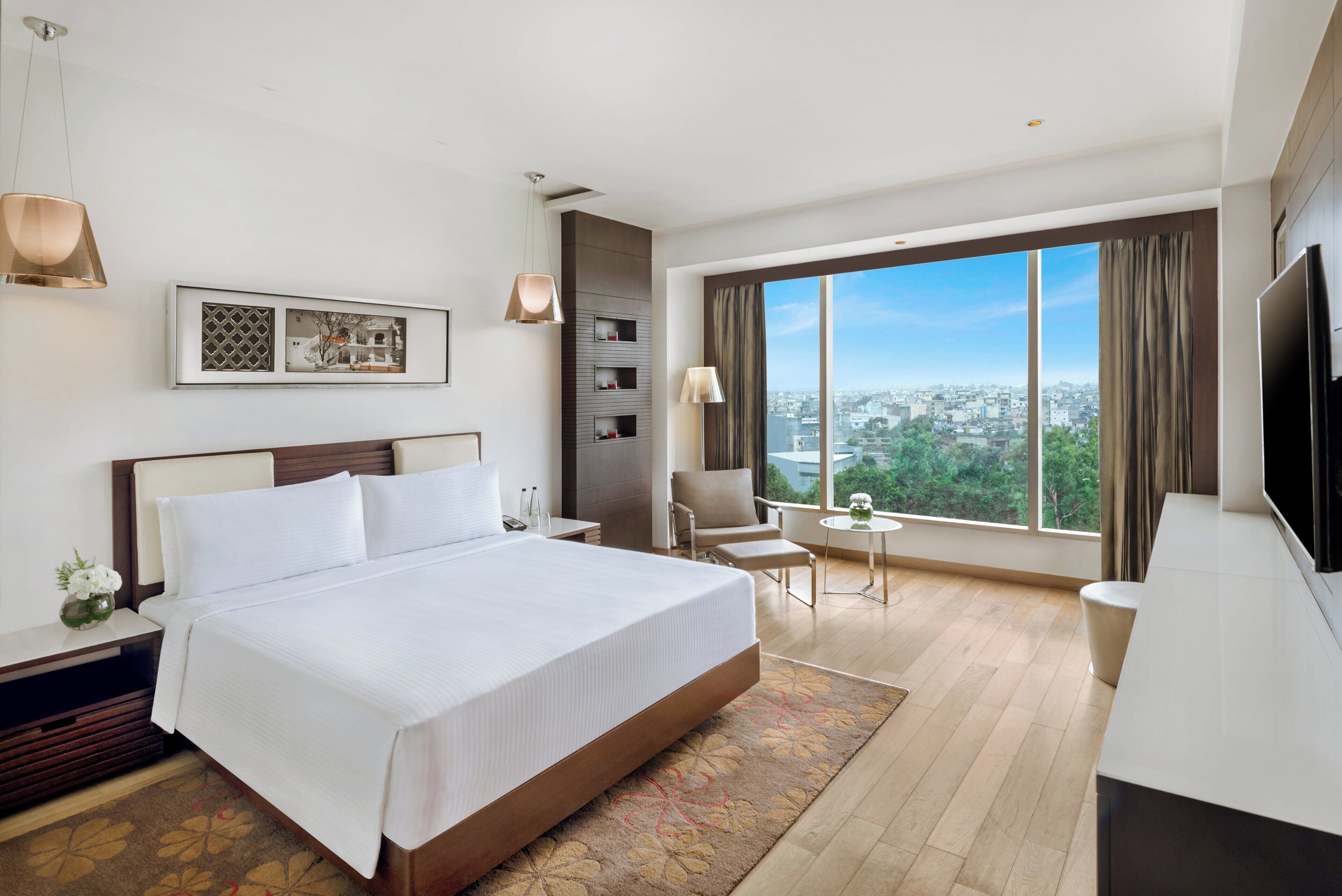 A hotel room with a large bed, a desk, a chair, a TV, and a view of the city.