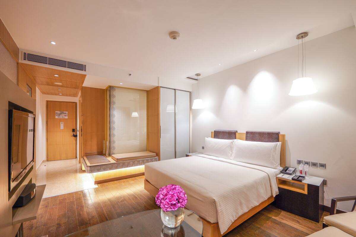 Una habitación de hotel moderna con cama, mesita de noche, televisor y baño con ducha.