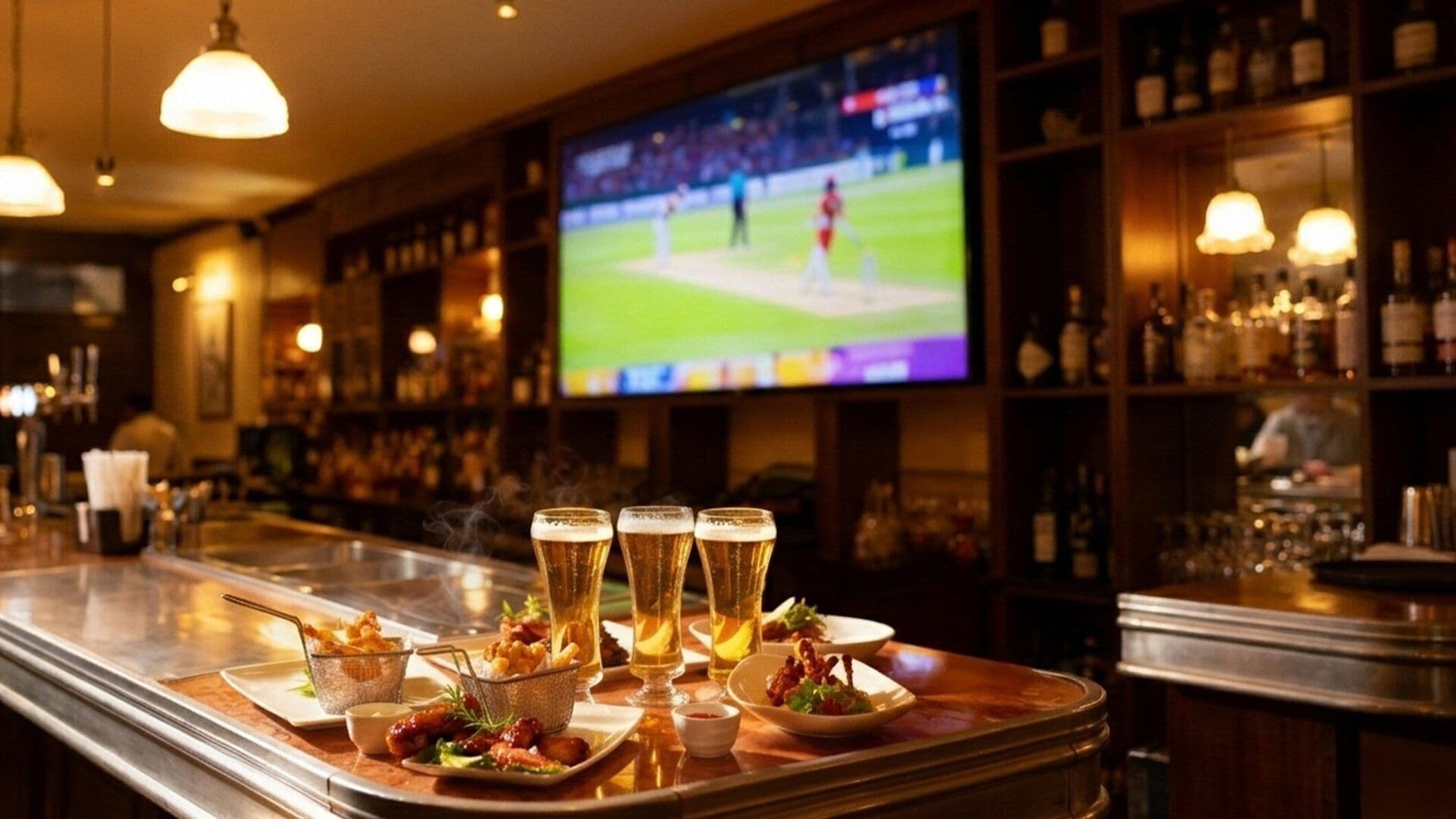 A bar area with a television displaying a sports game, glasses of beer, and food items on the counter.