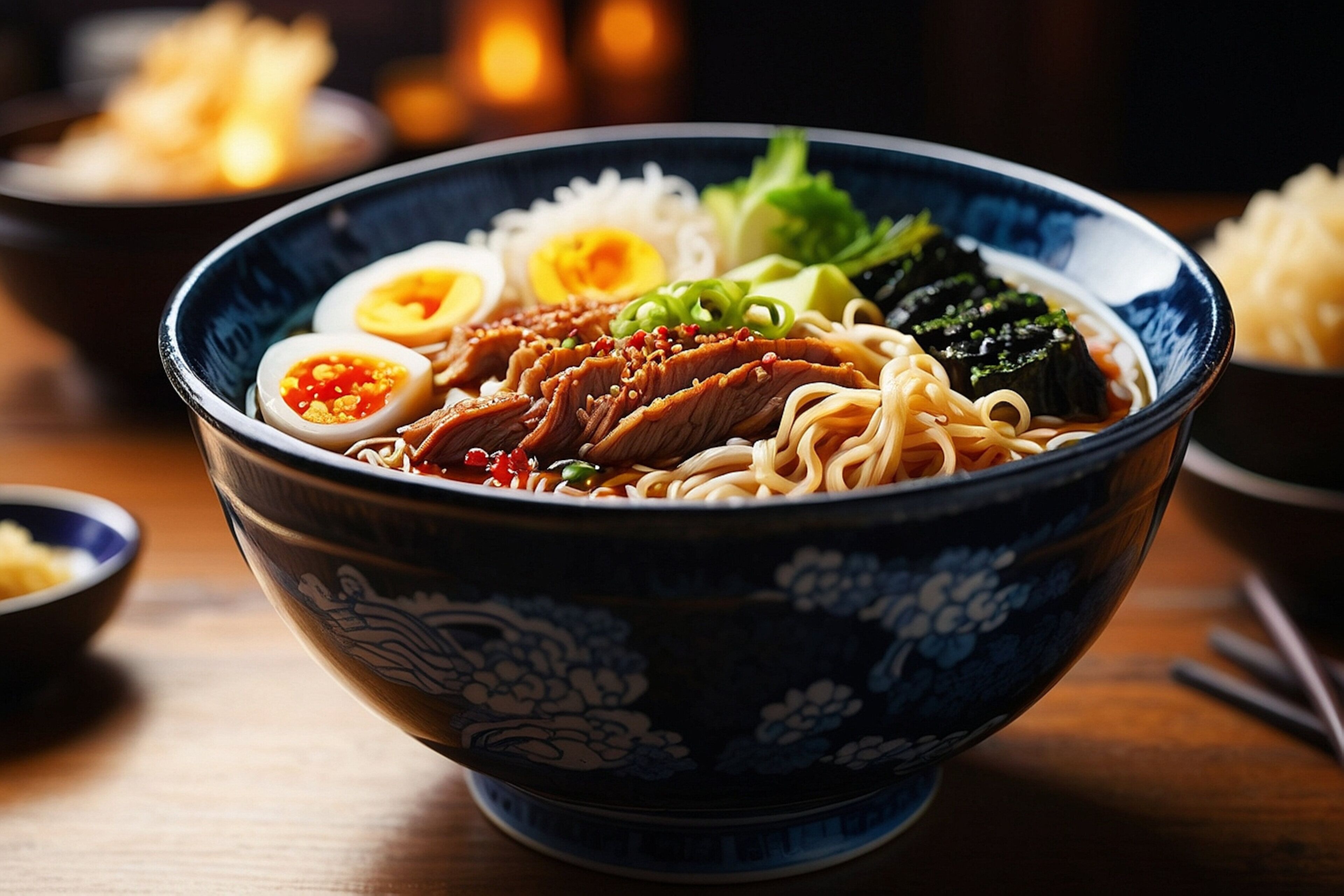 A bowl of ramen with noodles, sliced meat, boiled egg, seaweed, and green onions.
