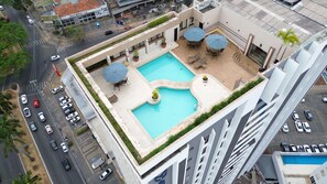 Outdoor pool, pool umbrellas, pool loungers