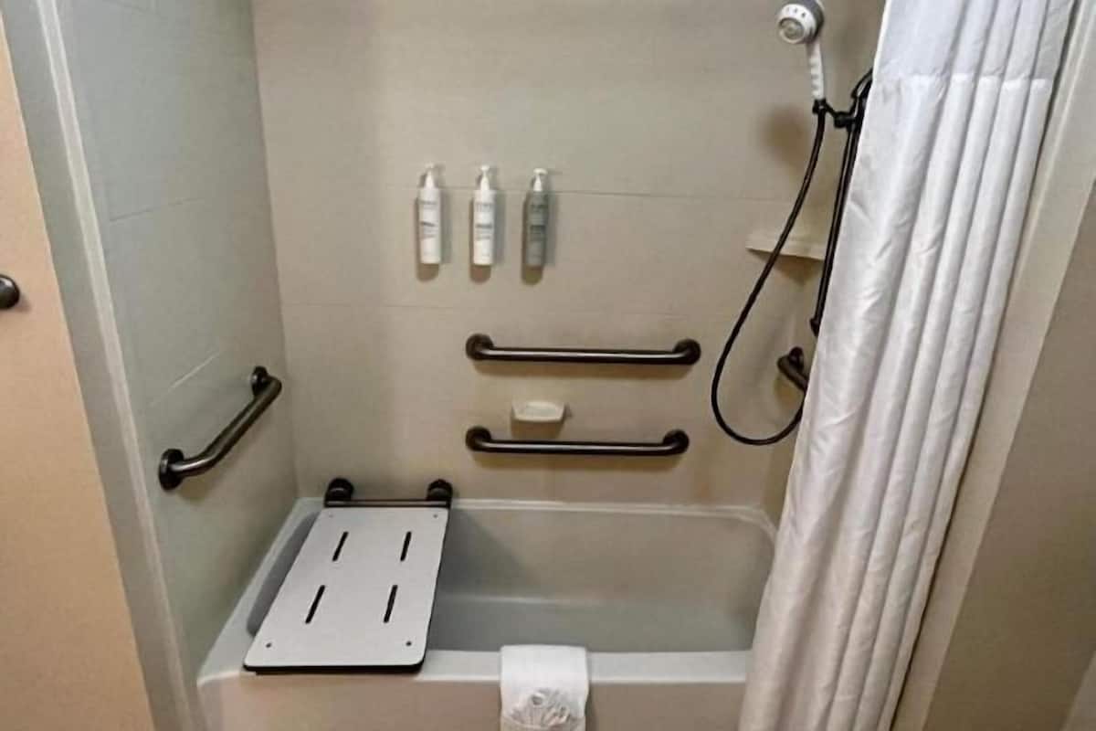 Bañera con ducha, secador de pelo, toallas, jabón