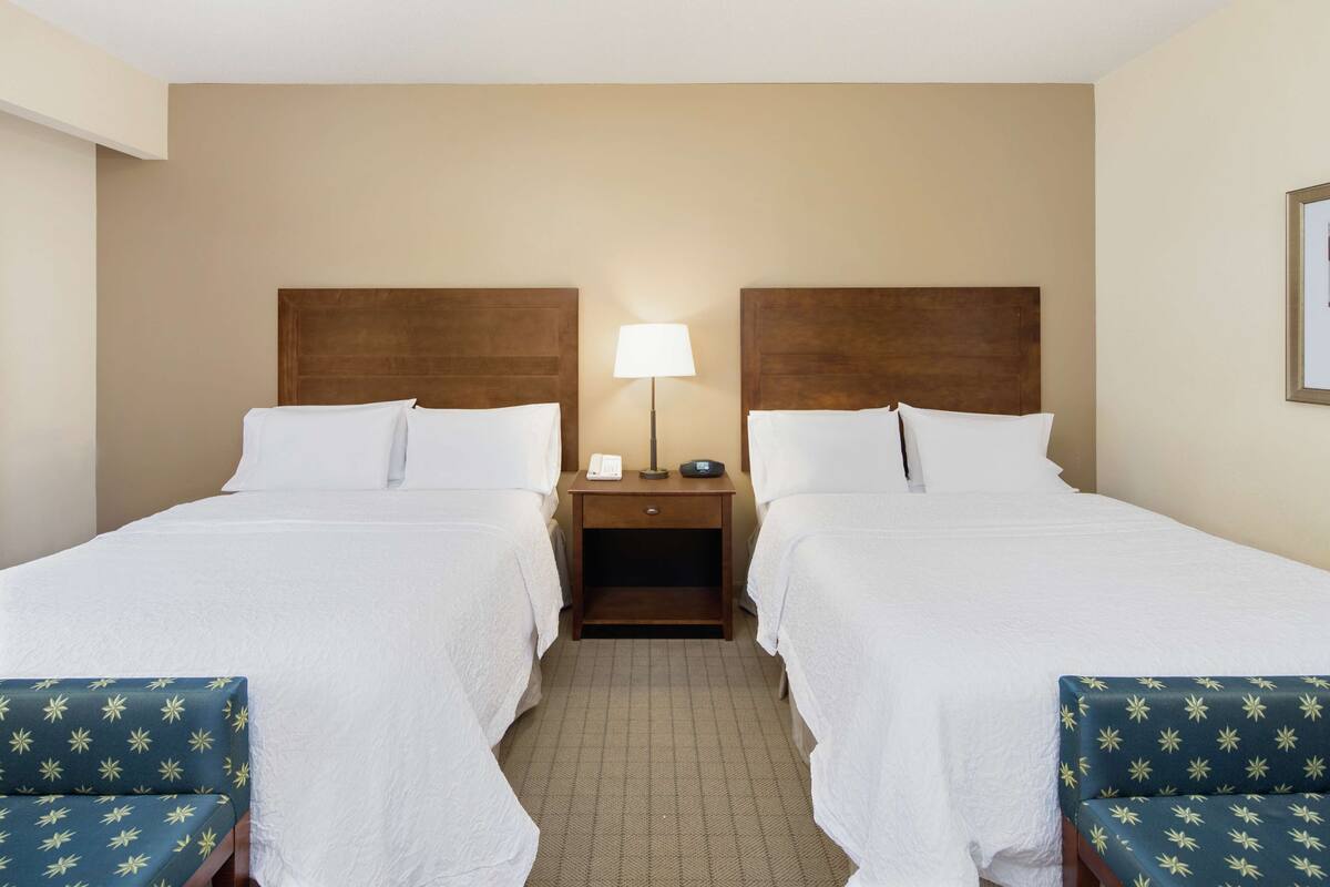 A hotel room with two beds, a nightstand with a lamp, and two chairs with a star pattern.