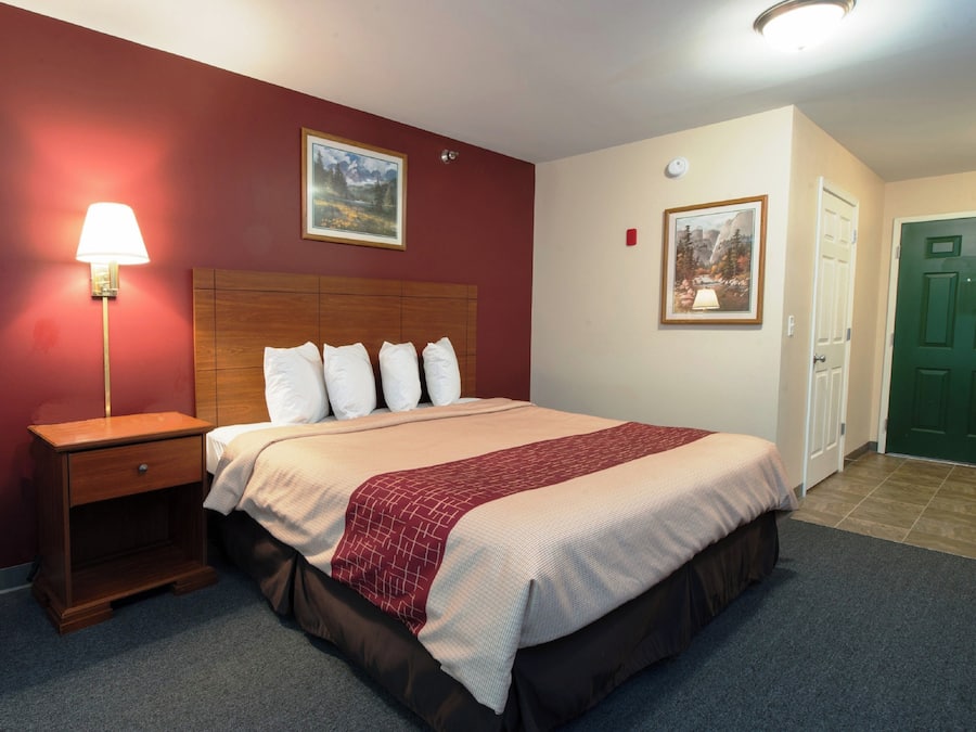 Quarto de hotel com cama, mesa de cabeceira, abajur, duas pinturas na parede e uma porta verde.