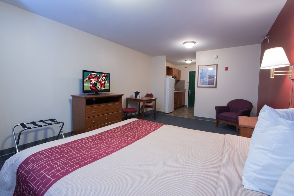 1 bedroom, desk, blackout curtains, iron/ironing board