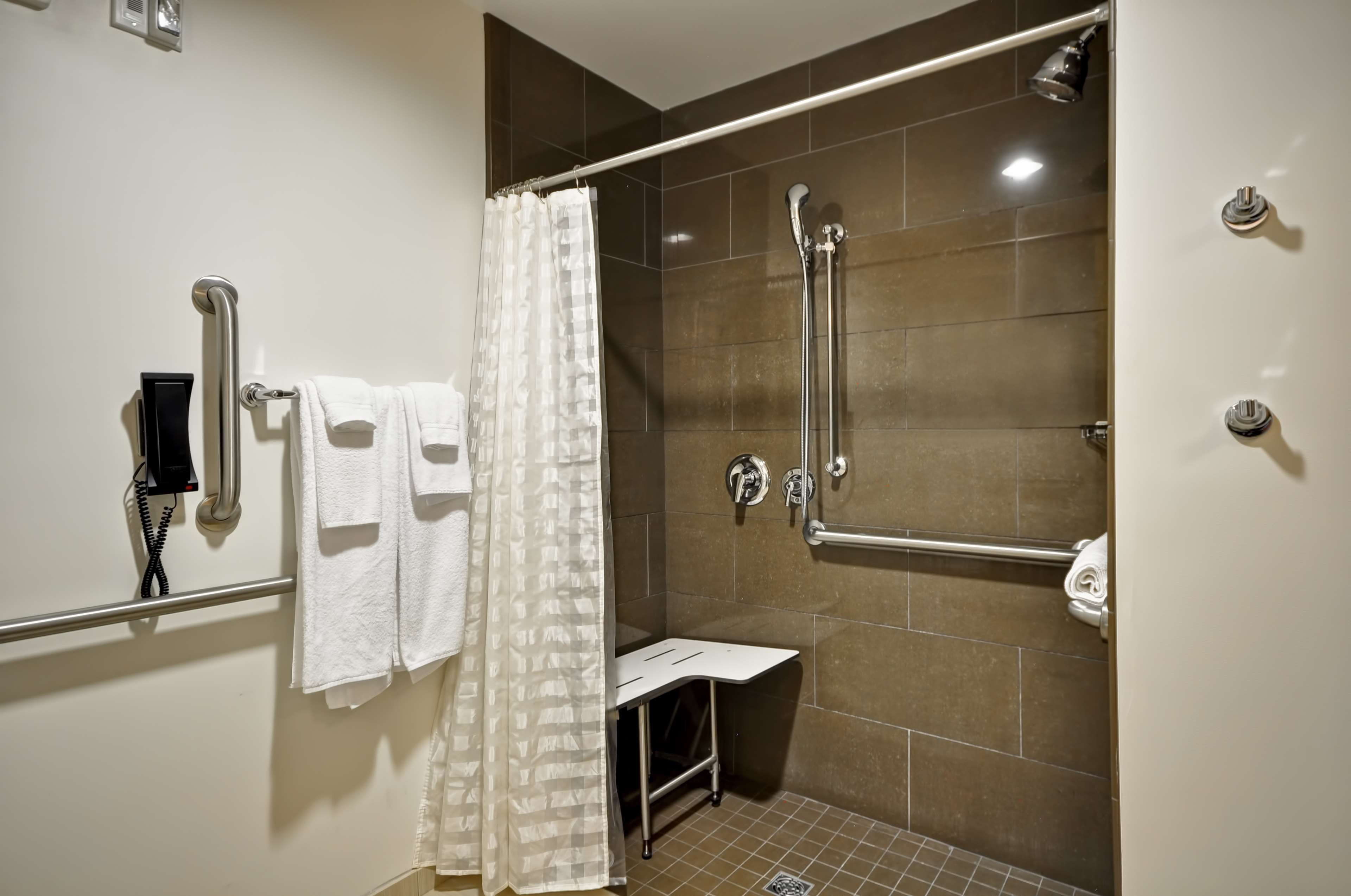 A shower area with a grab bar, a towel rack, and a showerhead.