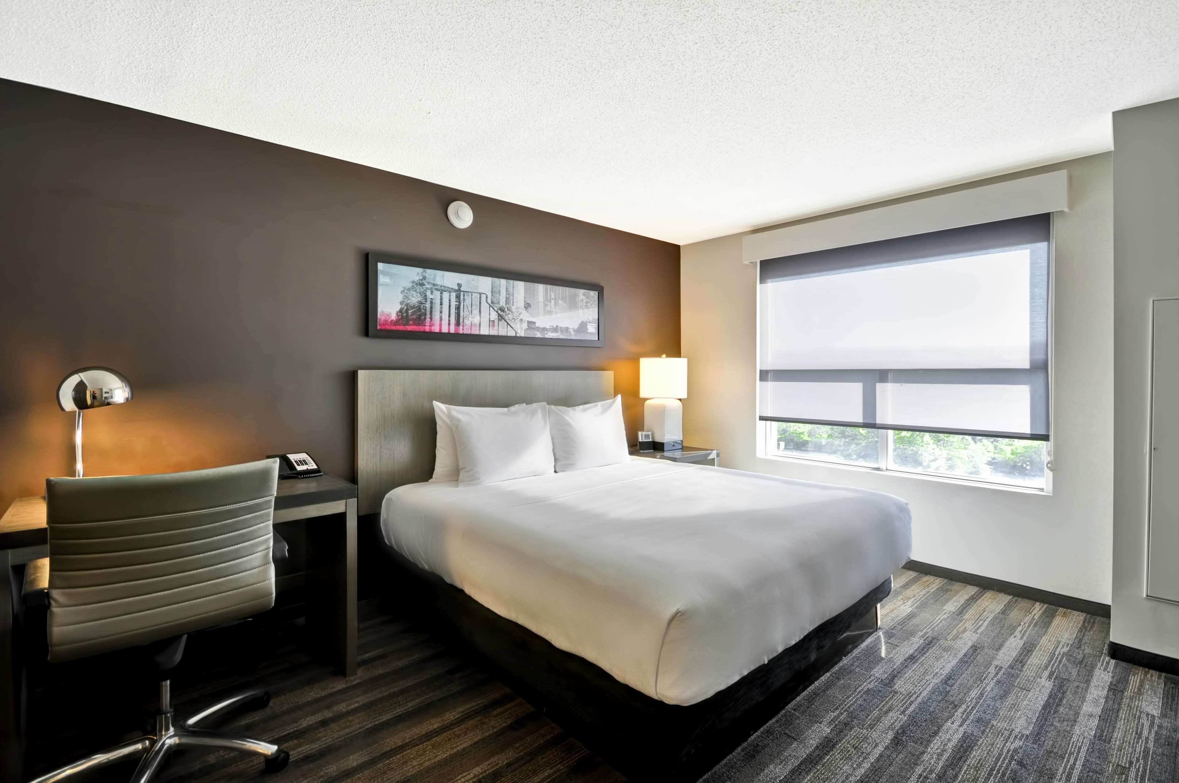 Habitación de hotel con una cama grande, un escritorio, una silla, una mesita de noche, una lámpara, un cuadro en la pared y una ventana con vistas.
