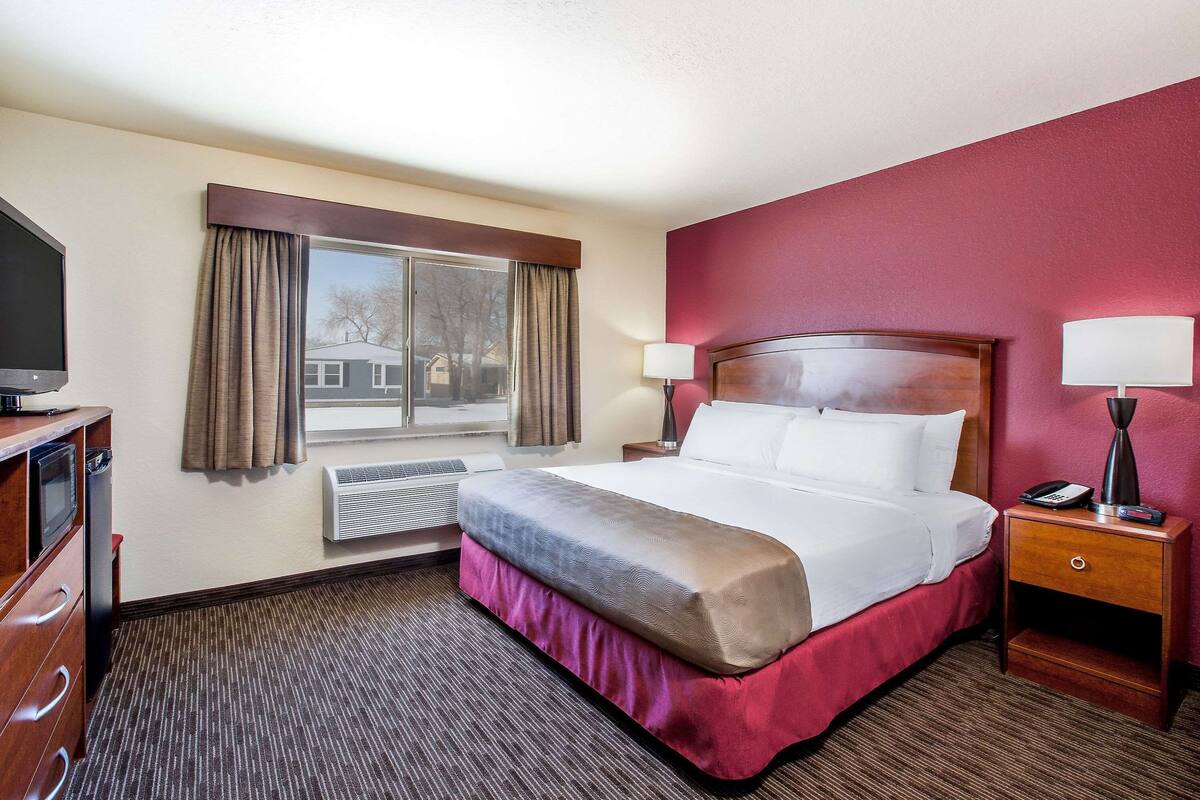 Habitación de hotel con cama, lámparas de noche, televisor y ventana con cortinas.