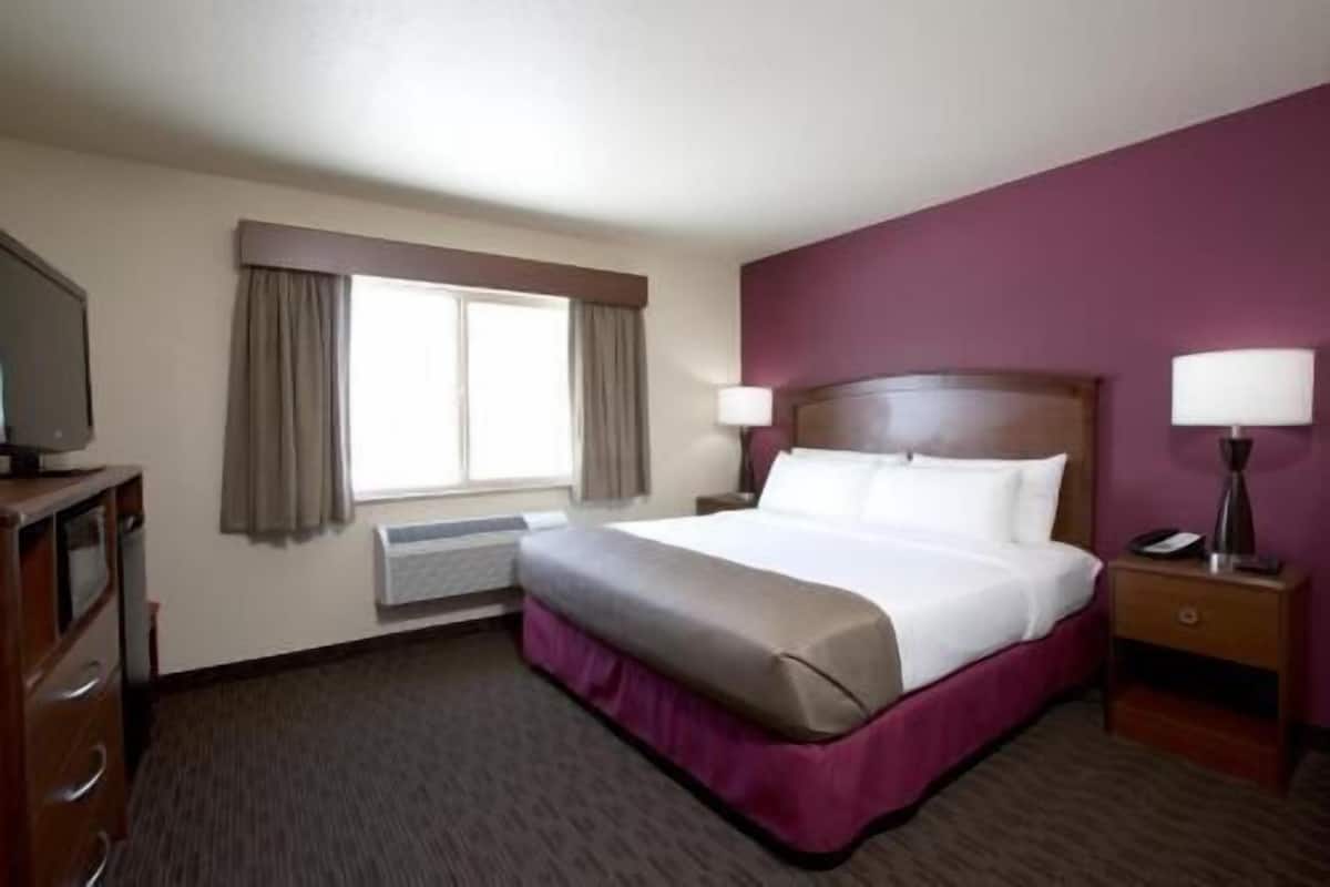 Habitación de hotel con cama, televisión, escritorio, lámpara y ventana con cortinas.