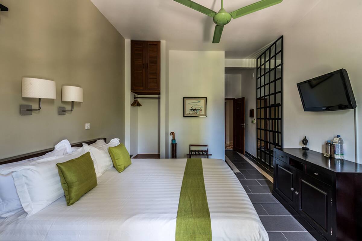 A hotel room with a large bed, a television, a desk with a computer, and a ceiling fan.